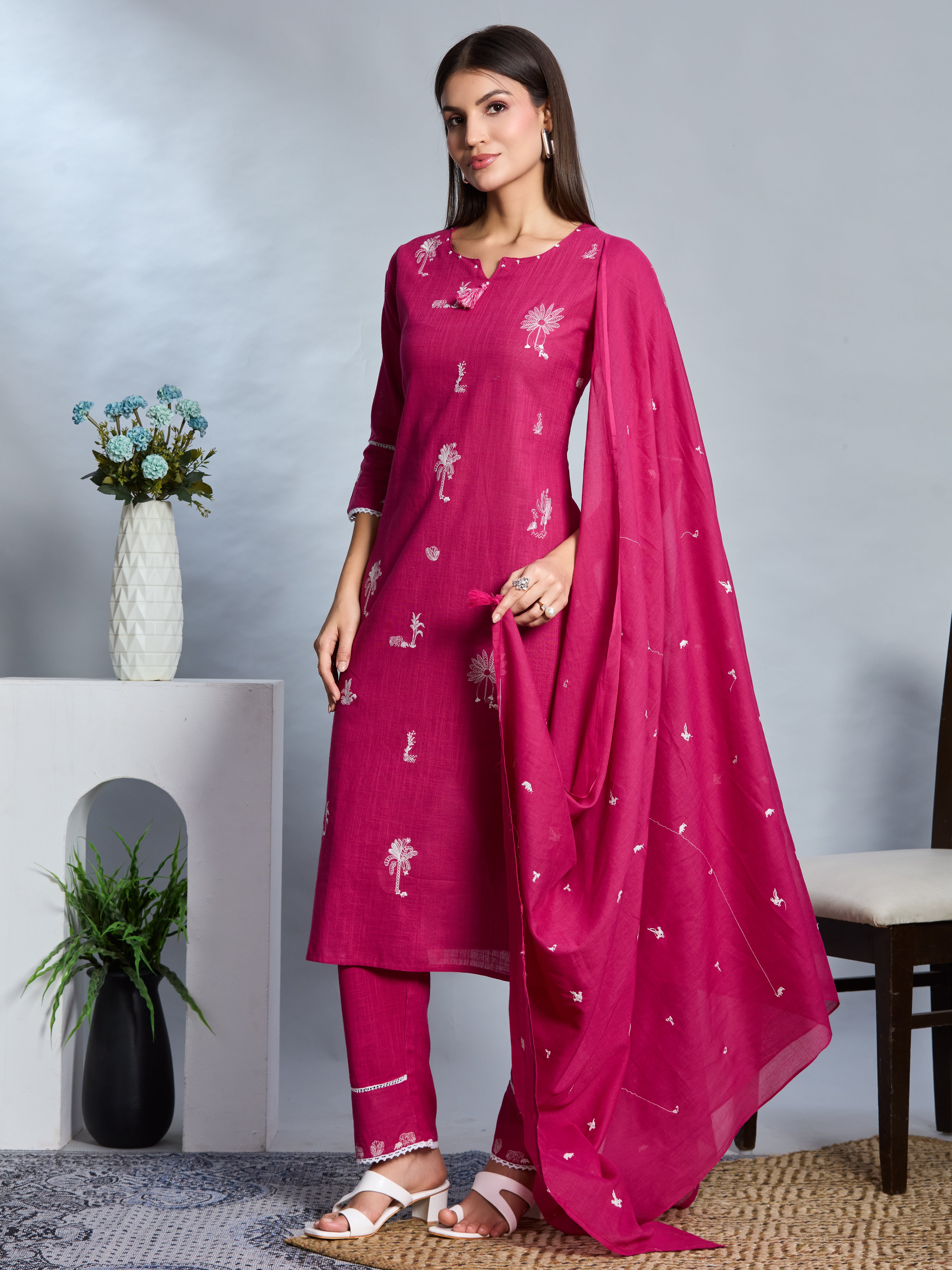 Bold Pink Elegance Straight Suit Set with White Embroidery & Slub Cotton Dupatta