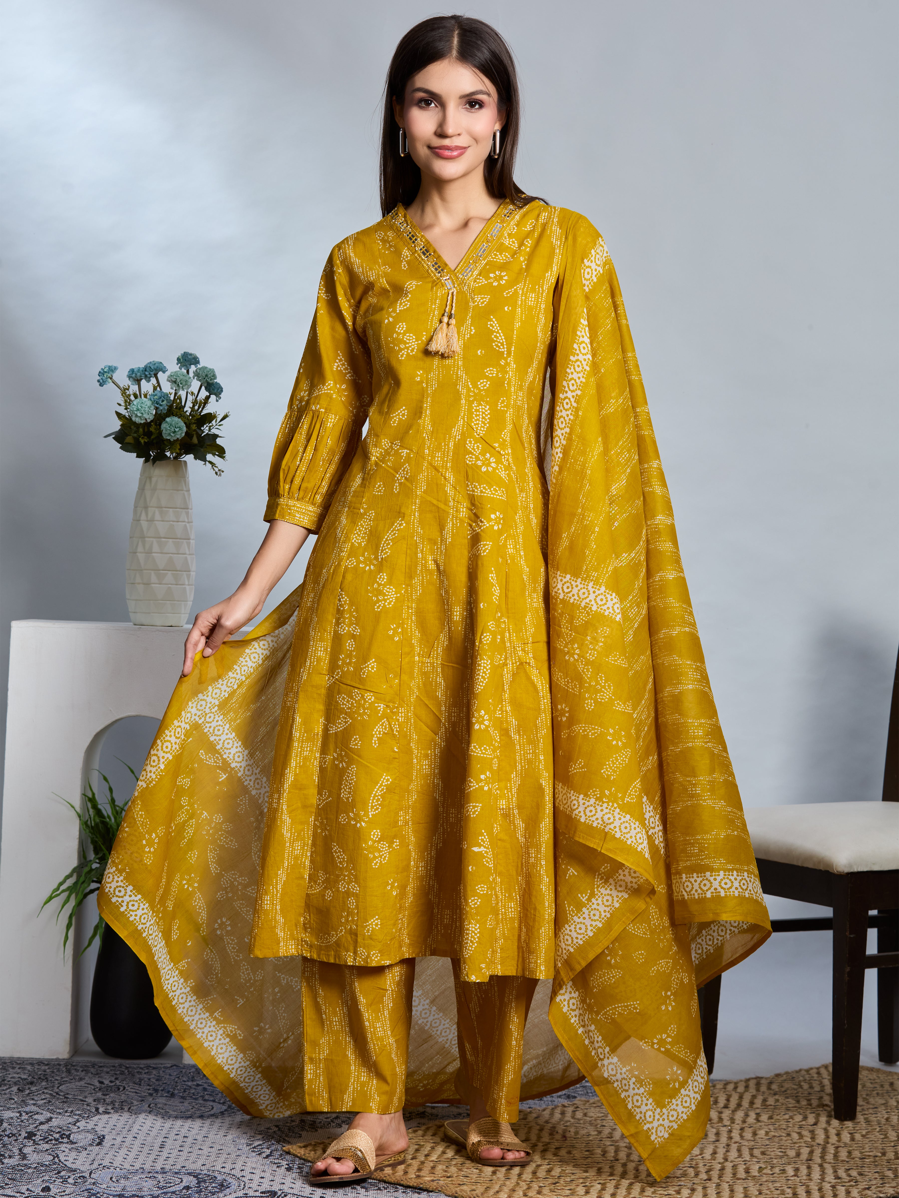 Amber Glow A-Line Suit Set with Ivory Block Prints with Cotton Dupatta