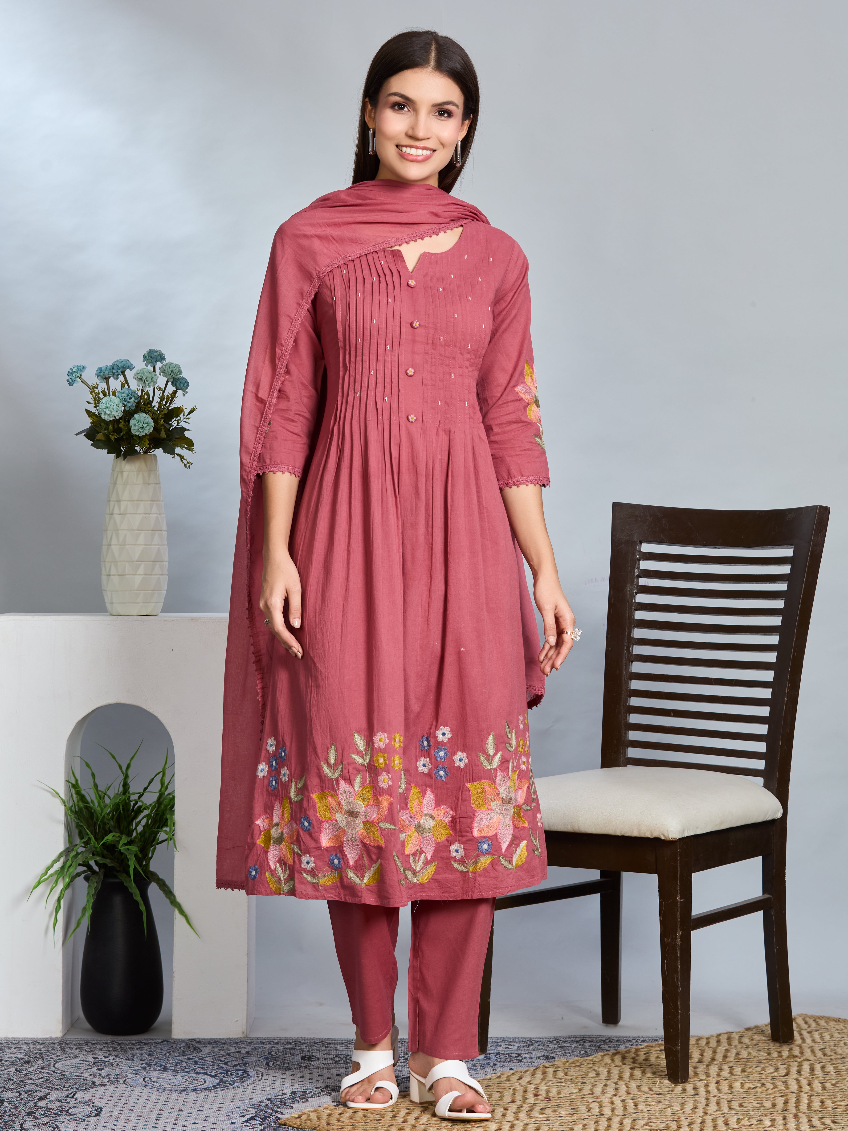 Dusty Pink Grace A-Line Suit Set with Multicolour Embroidered Details & Cotton Dupatta