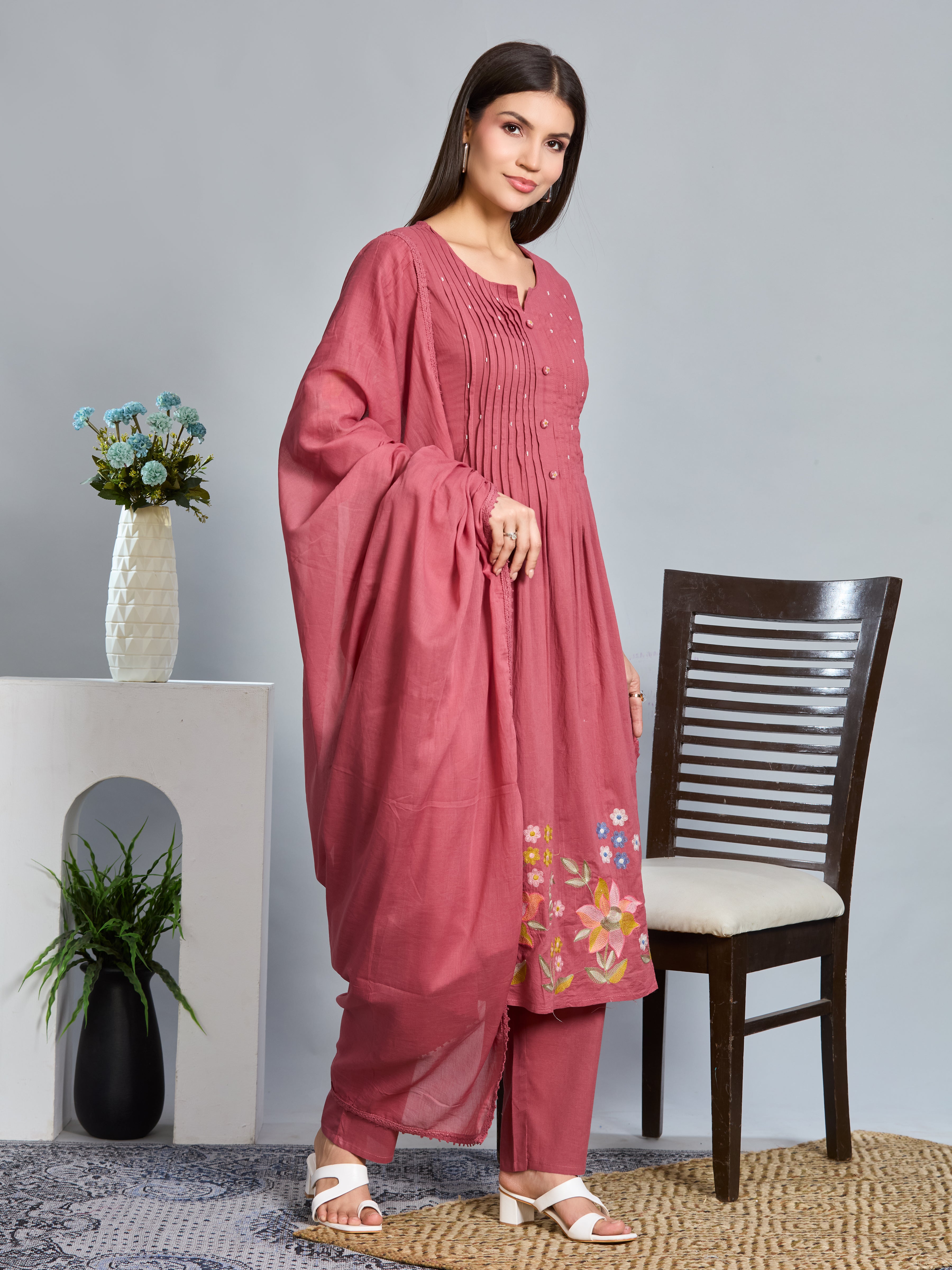 Dusty Pink Grace A-Line Suit Set with Multicolour Embroidered Details & Cotton Dupatta