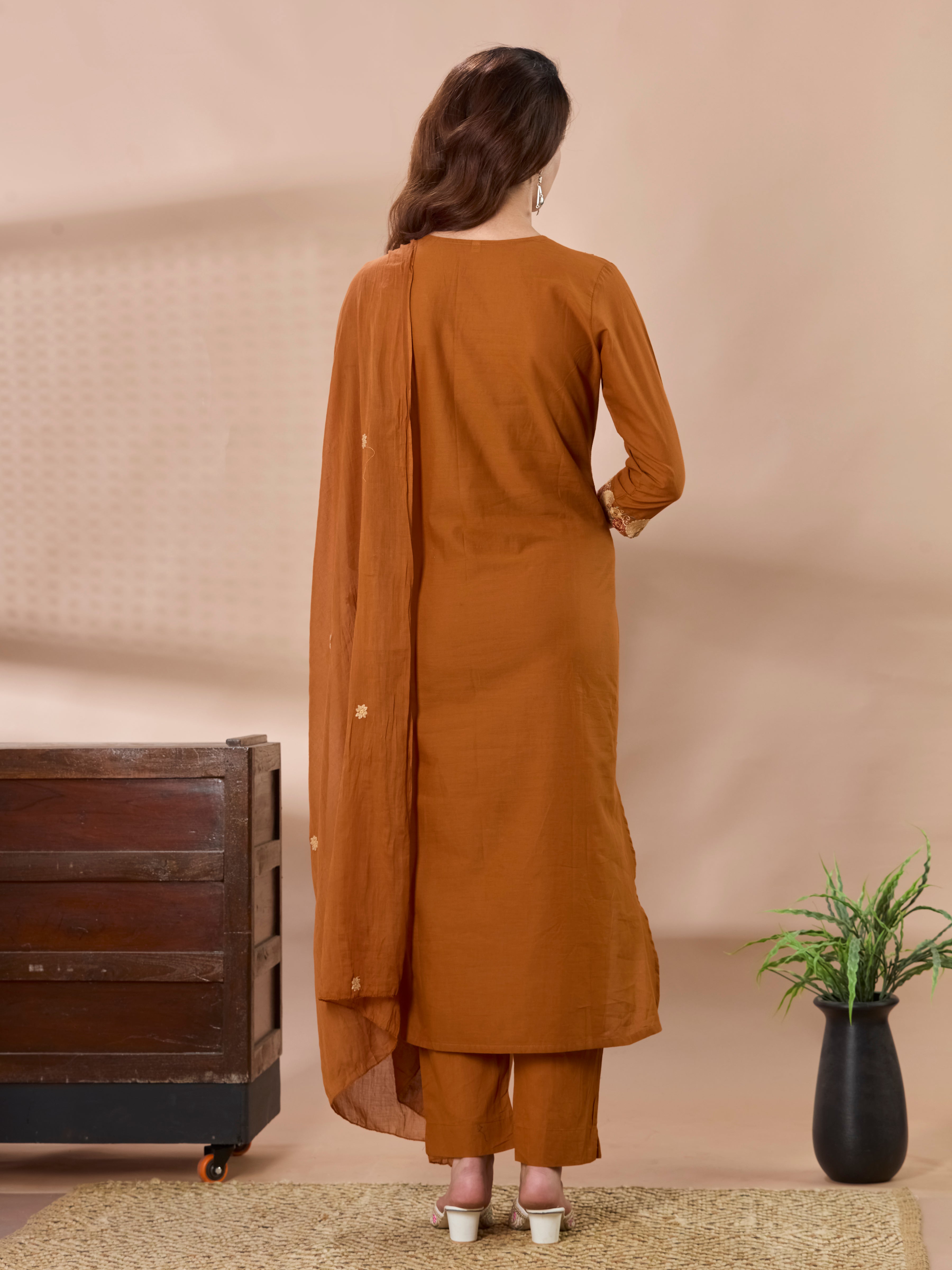 Ochre Blossom Thread Embroidered A-Line Suit Set with Dupatta