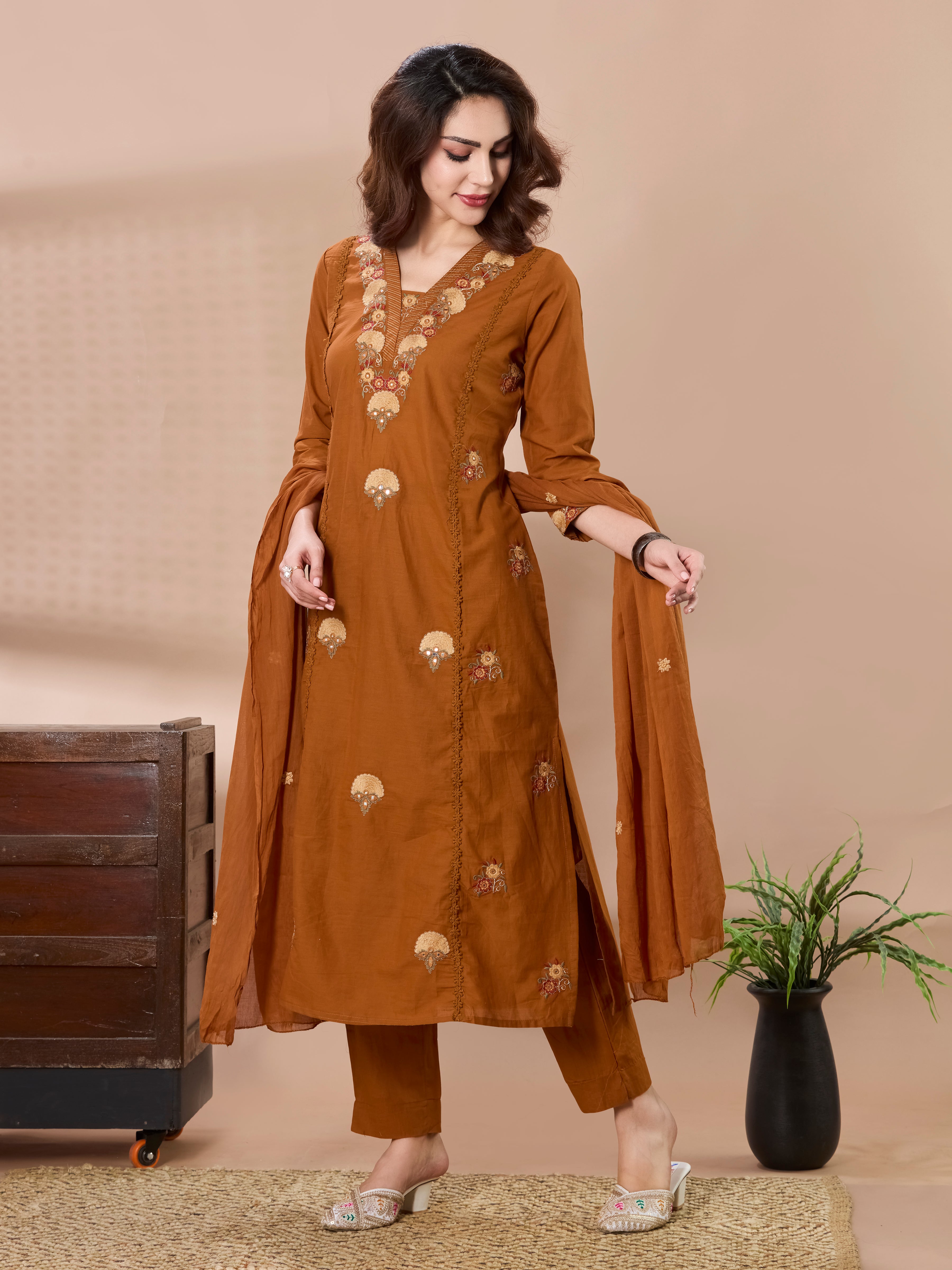 Ochre Blossom Thread Embroidered A-Line Suit Set with Dupatta
