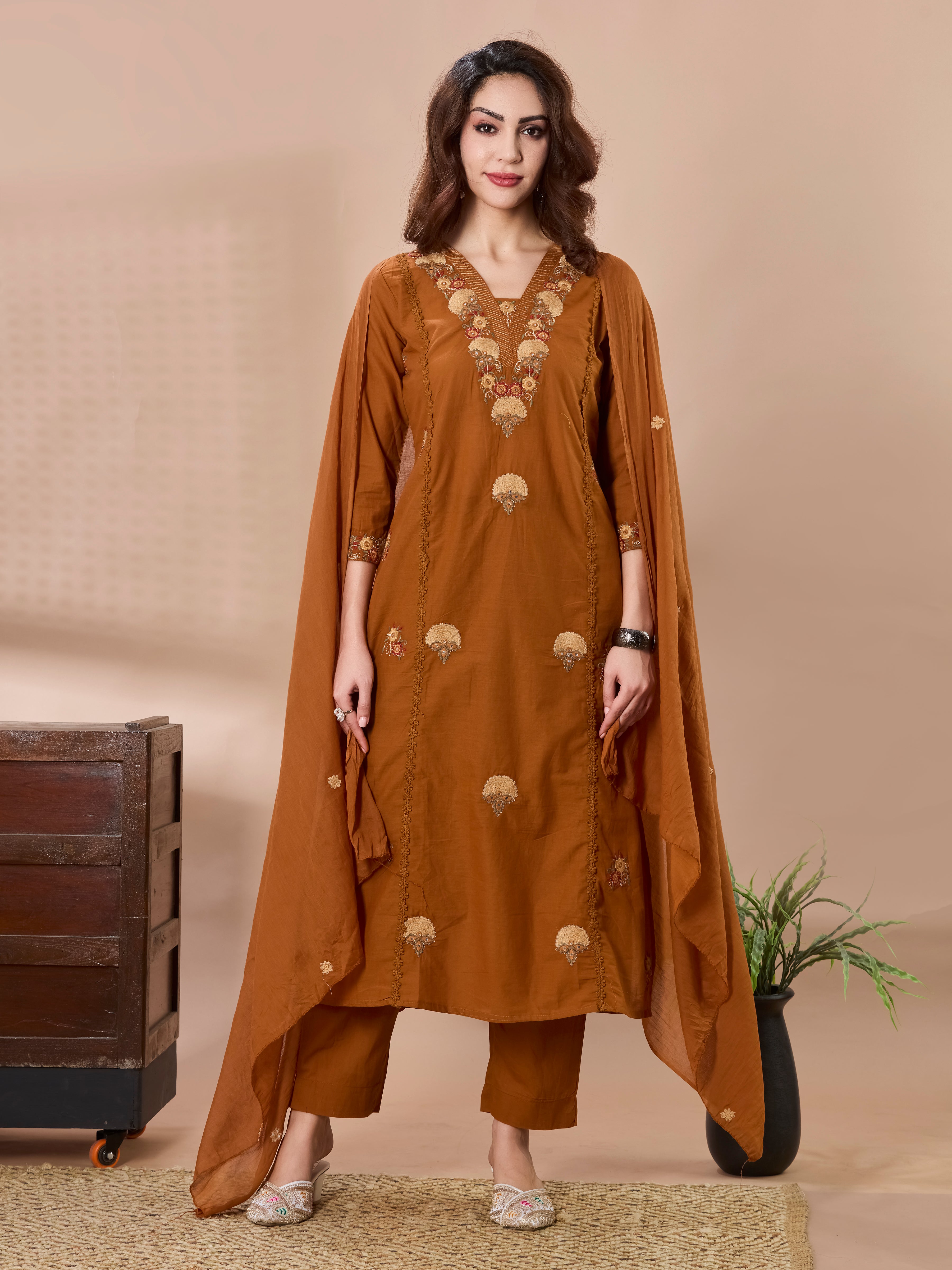 Ochre Blossom Thread Embroidered A-Line Suit Set with Dupatta