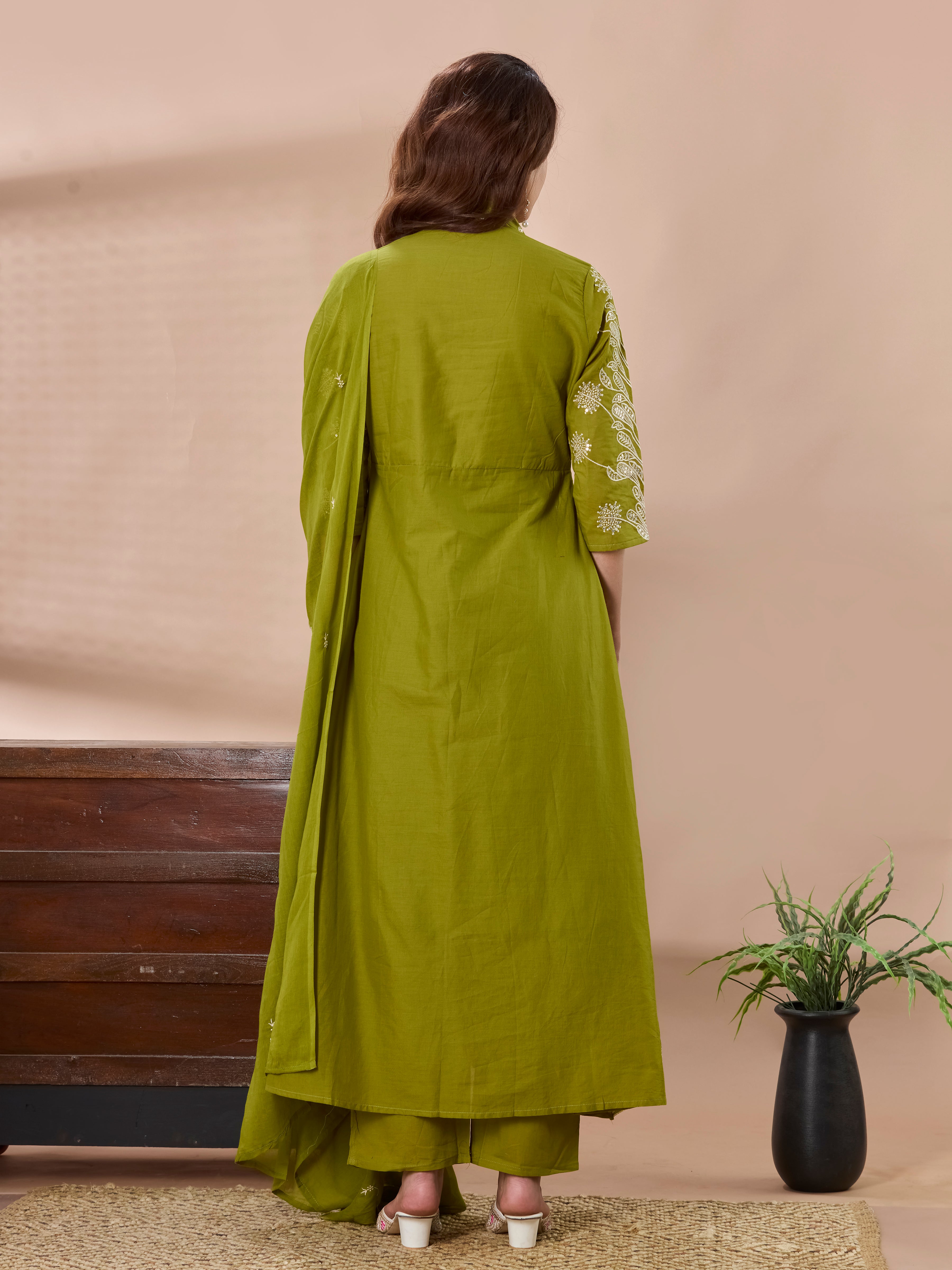 Botanical Bloom Cotton Anarkali Suit Set with Dupatta – Olive Green