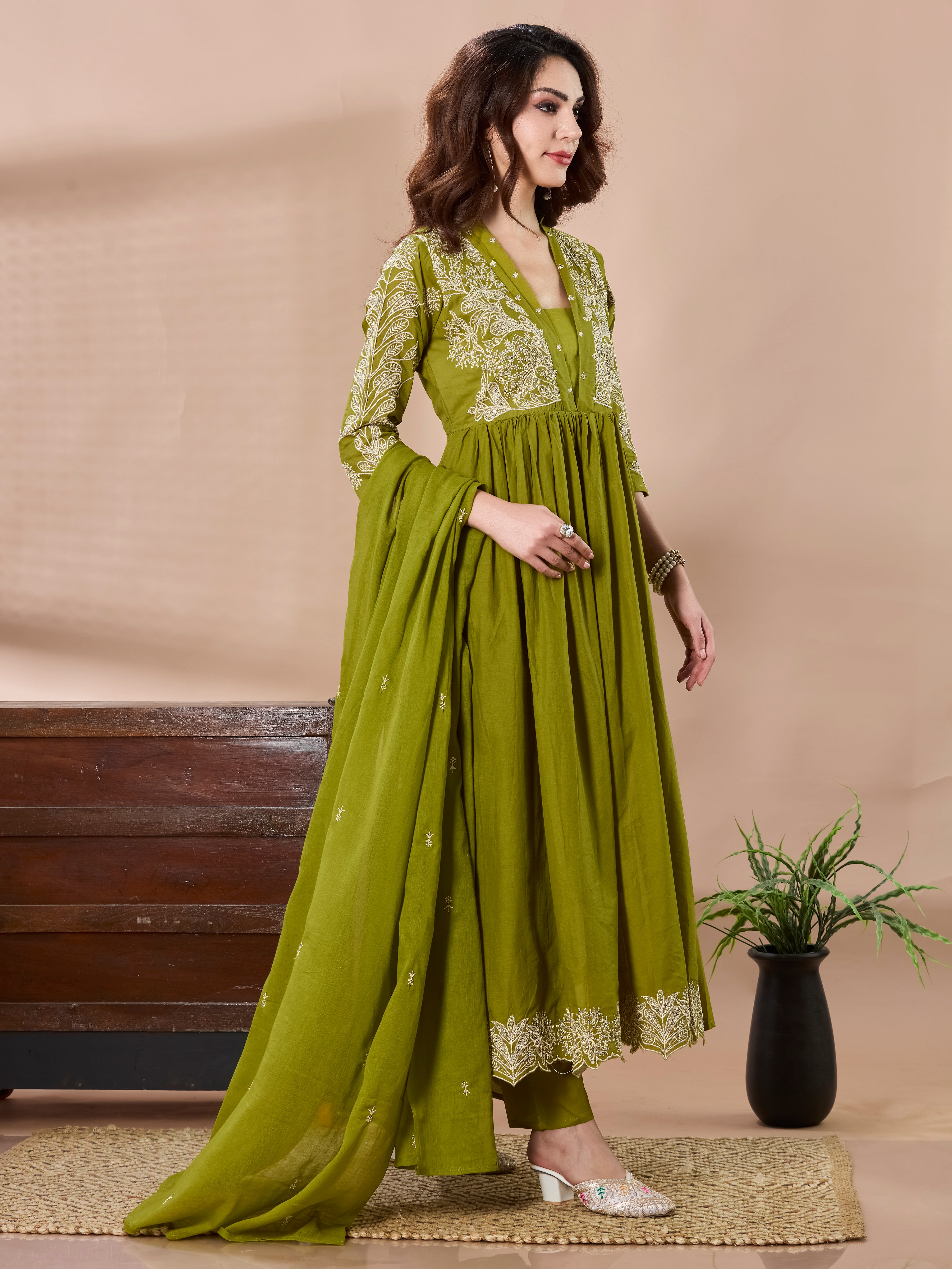Botanical Bloom Cotton Anarkali Suit Set with Dupatta – Olive Green