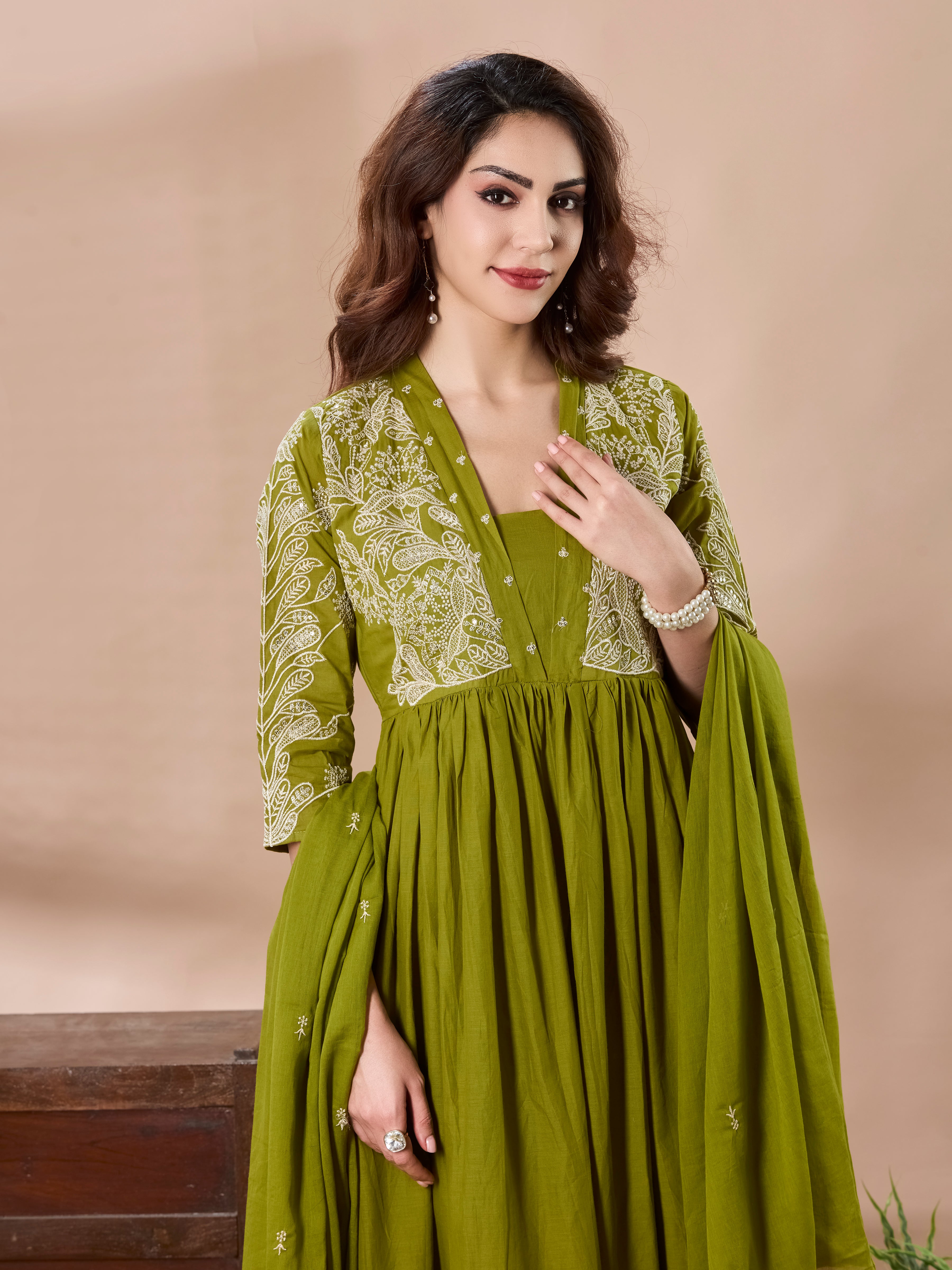Botanical Bloom Cotton Anarkali Suit Set with Dupatta – Olive Green