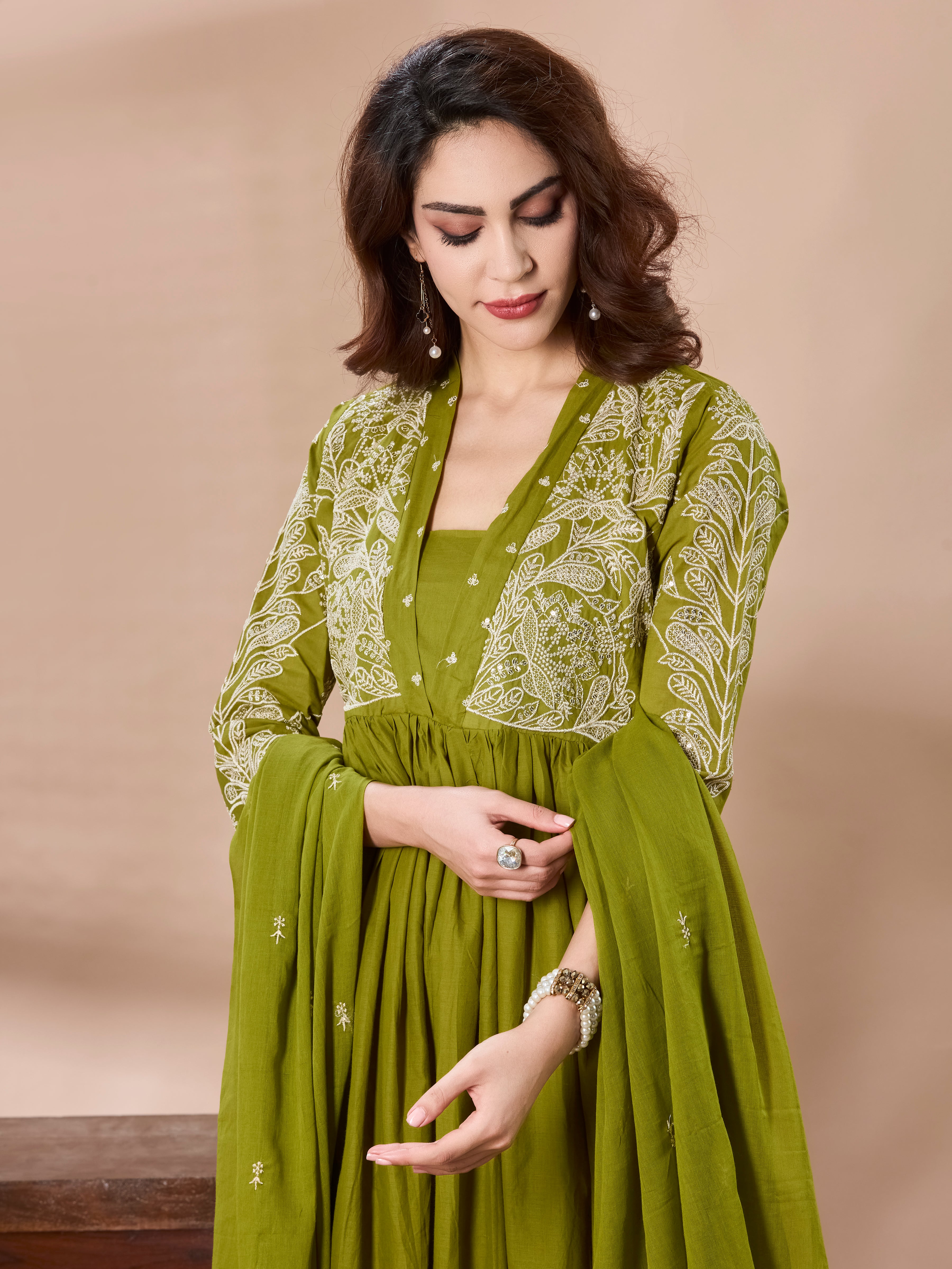 Botanical Bloom Cotton Anarkali Suit Set with Dupatta – Olive Green