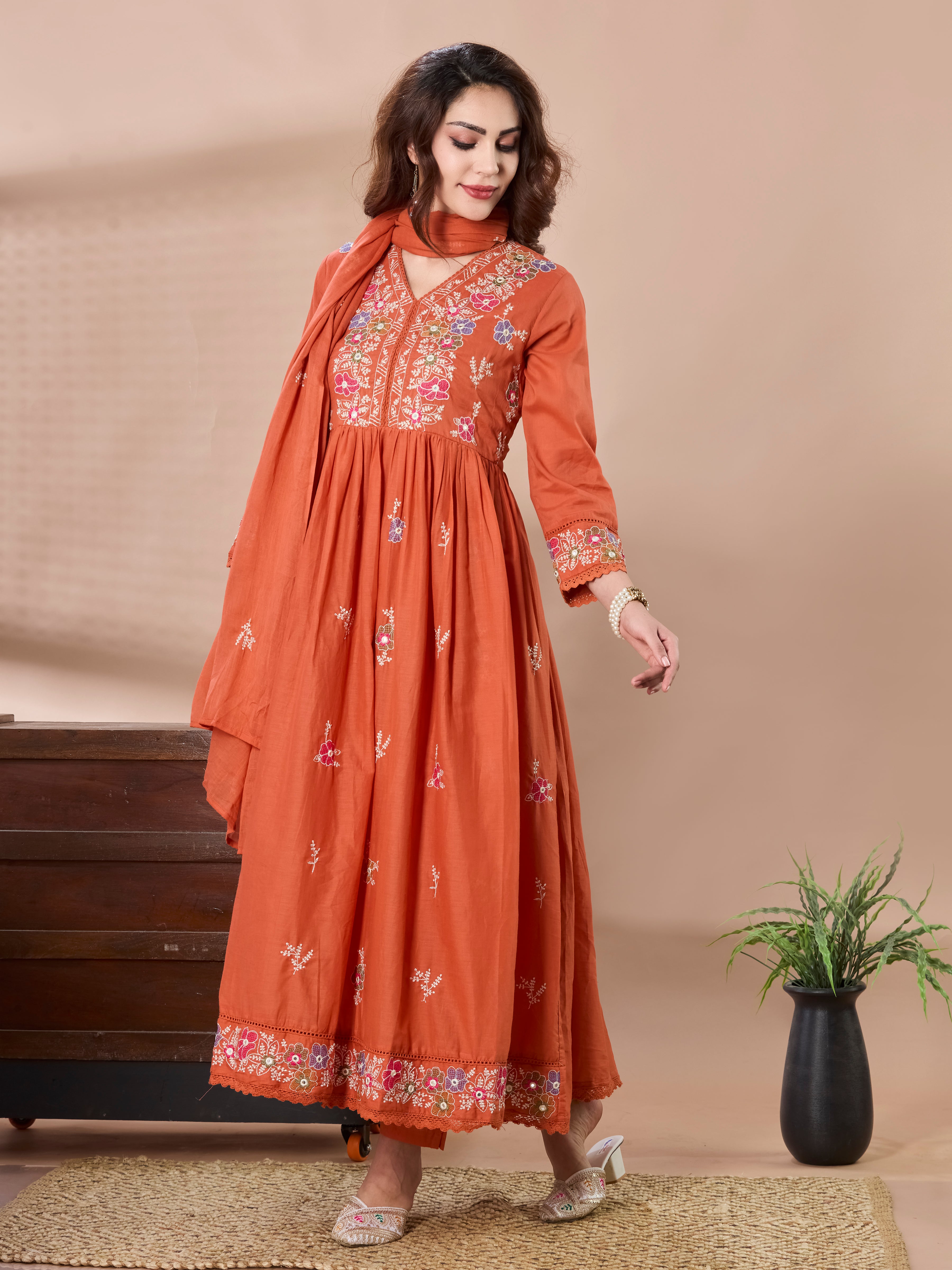Festive Garden Cotton Anarkali Suit Set with Dupatta