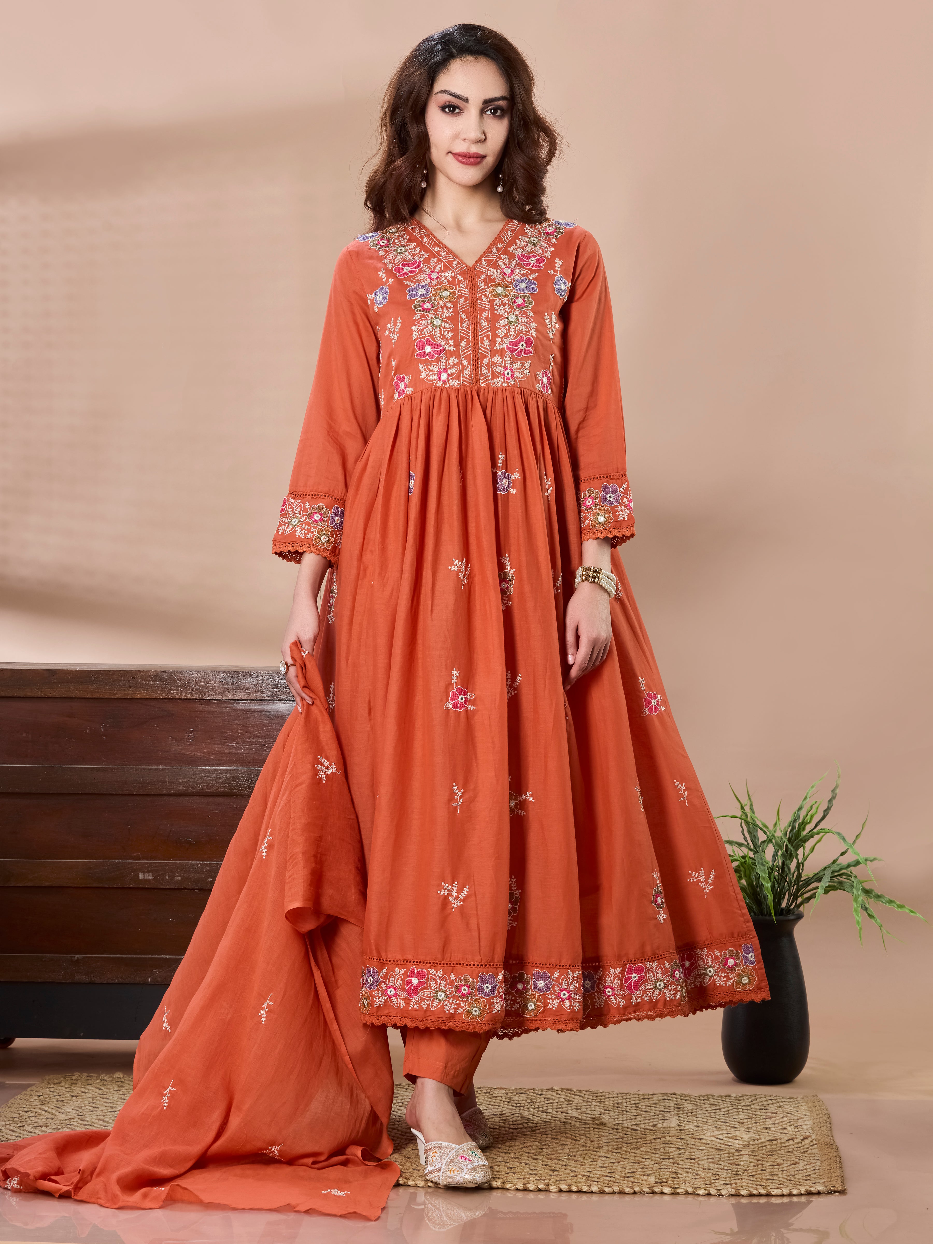 Festive Garden Cotton Anarkali Suit Set with Dupatta