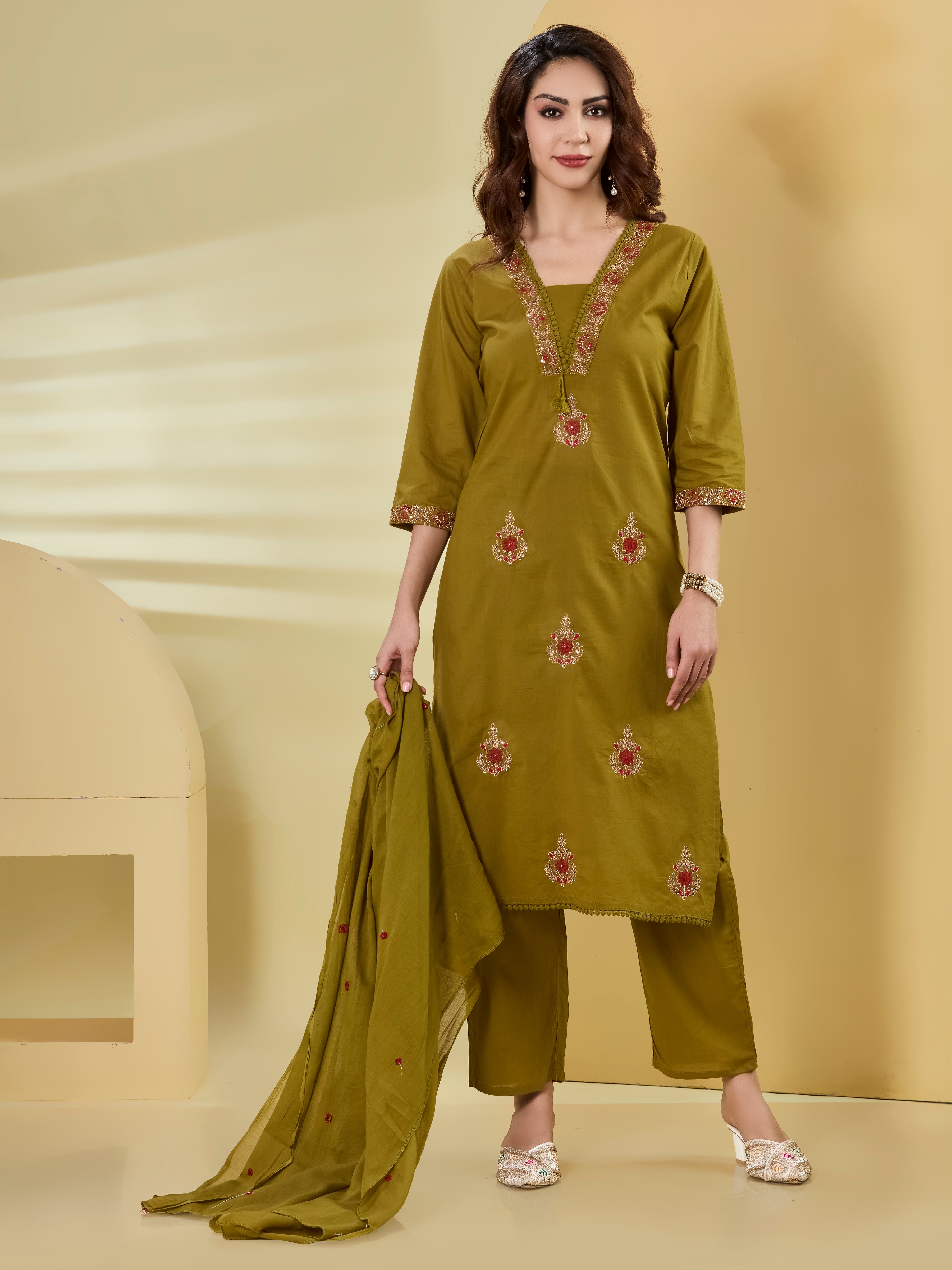 Artisan Garden Cotton Embroidered Straight Suit Set with Dupatta