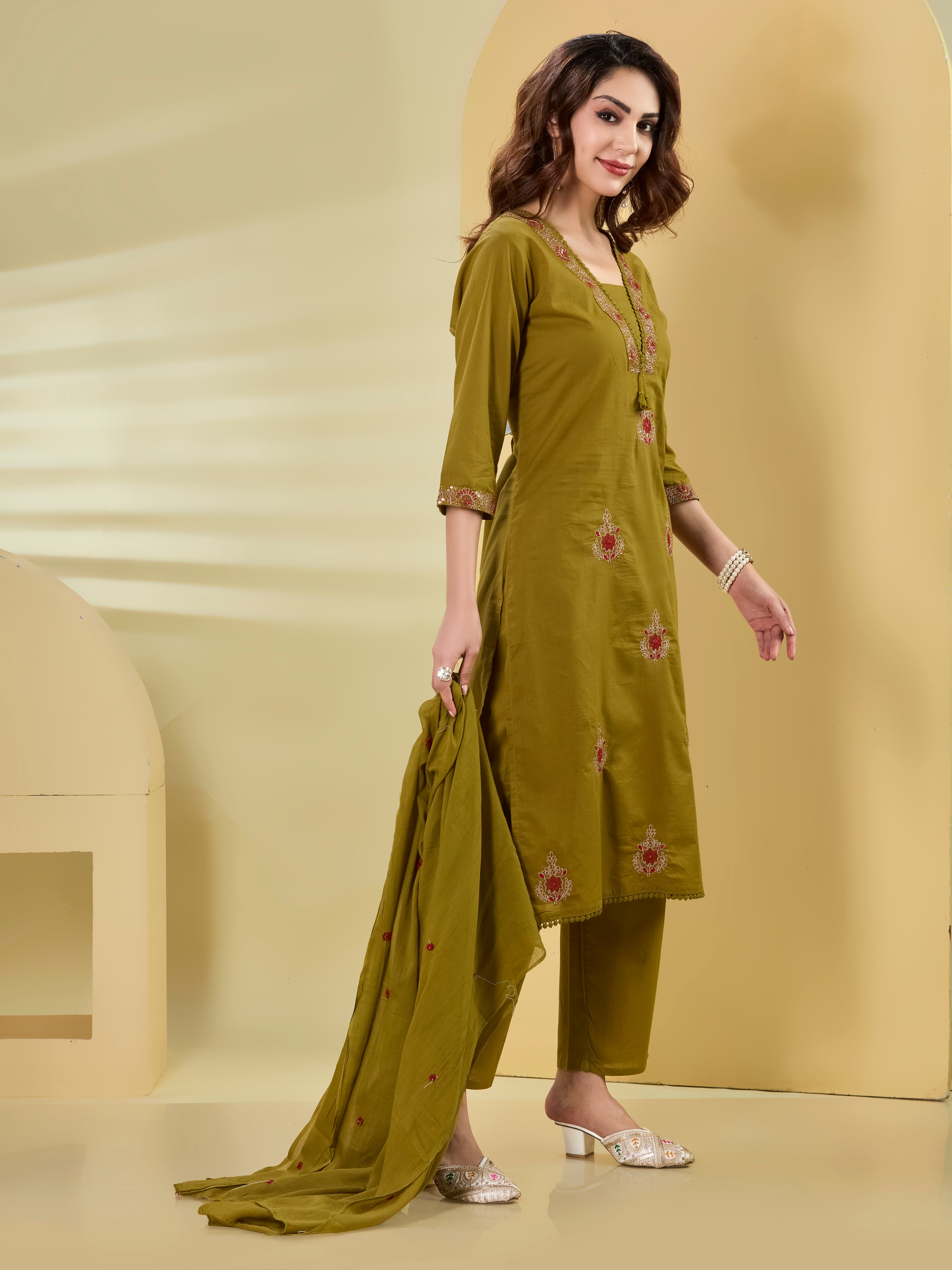 Artisan Garden Cotton Embroidered Straight Suit Set with Dupatta
