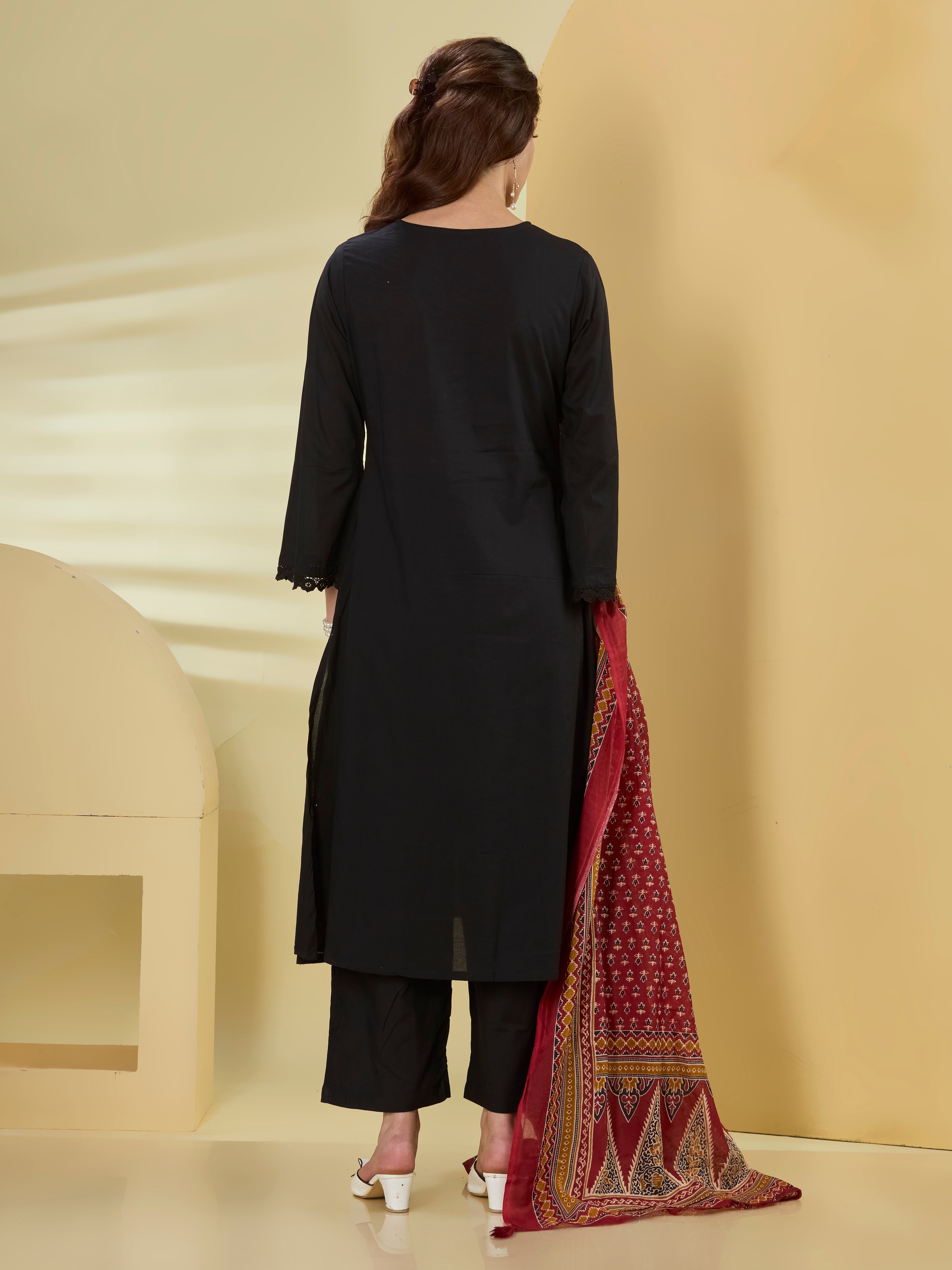 Midnight Festive A-Line Suit Set with Embroidery & Contrast Dupatta