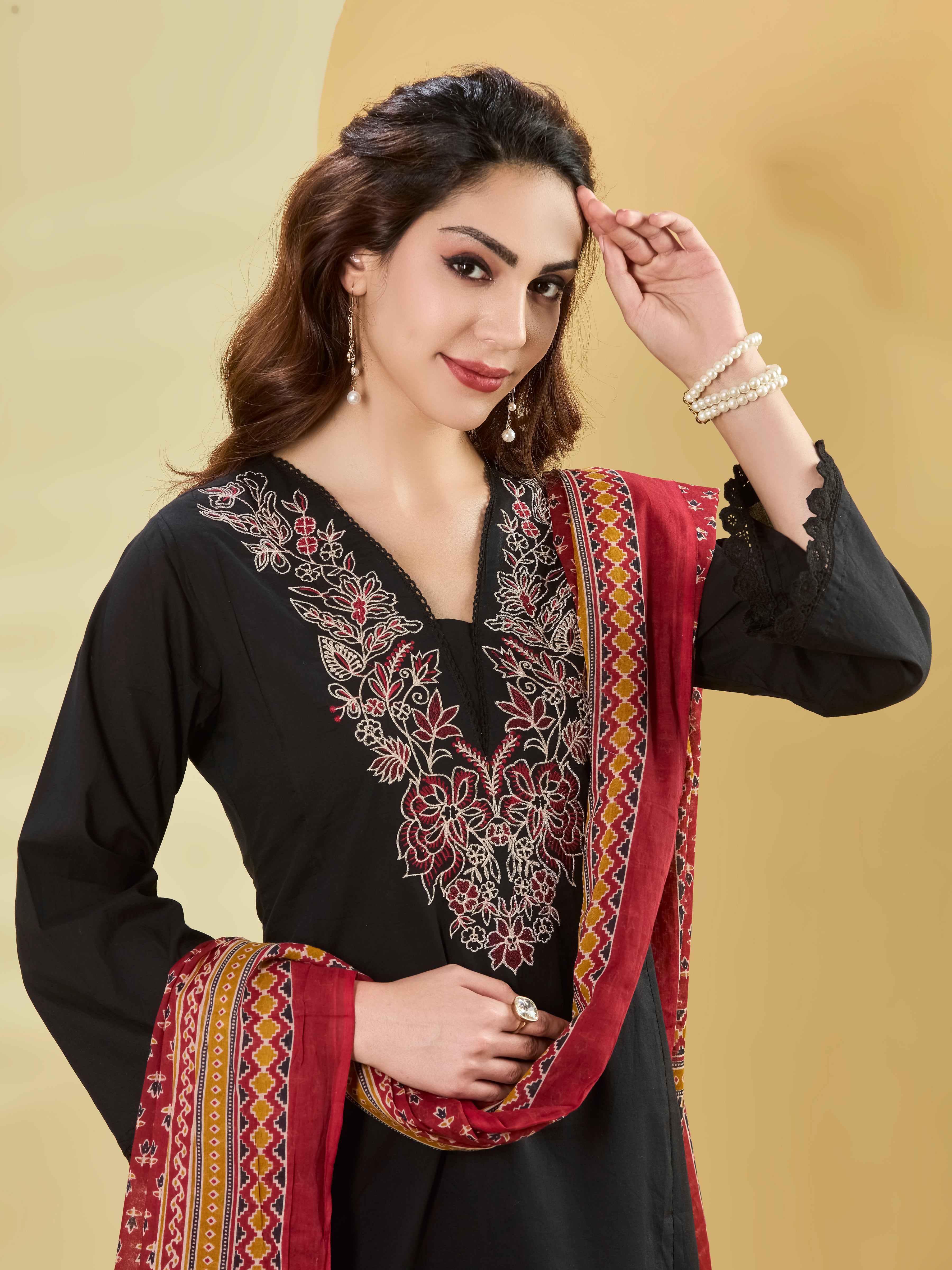 Midnight Festive A-Line Suit Set with Embroidery & Contrast Dupatta
