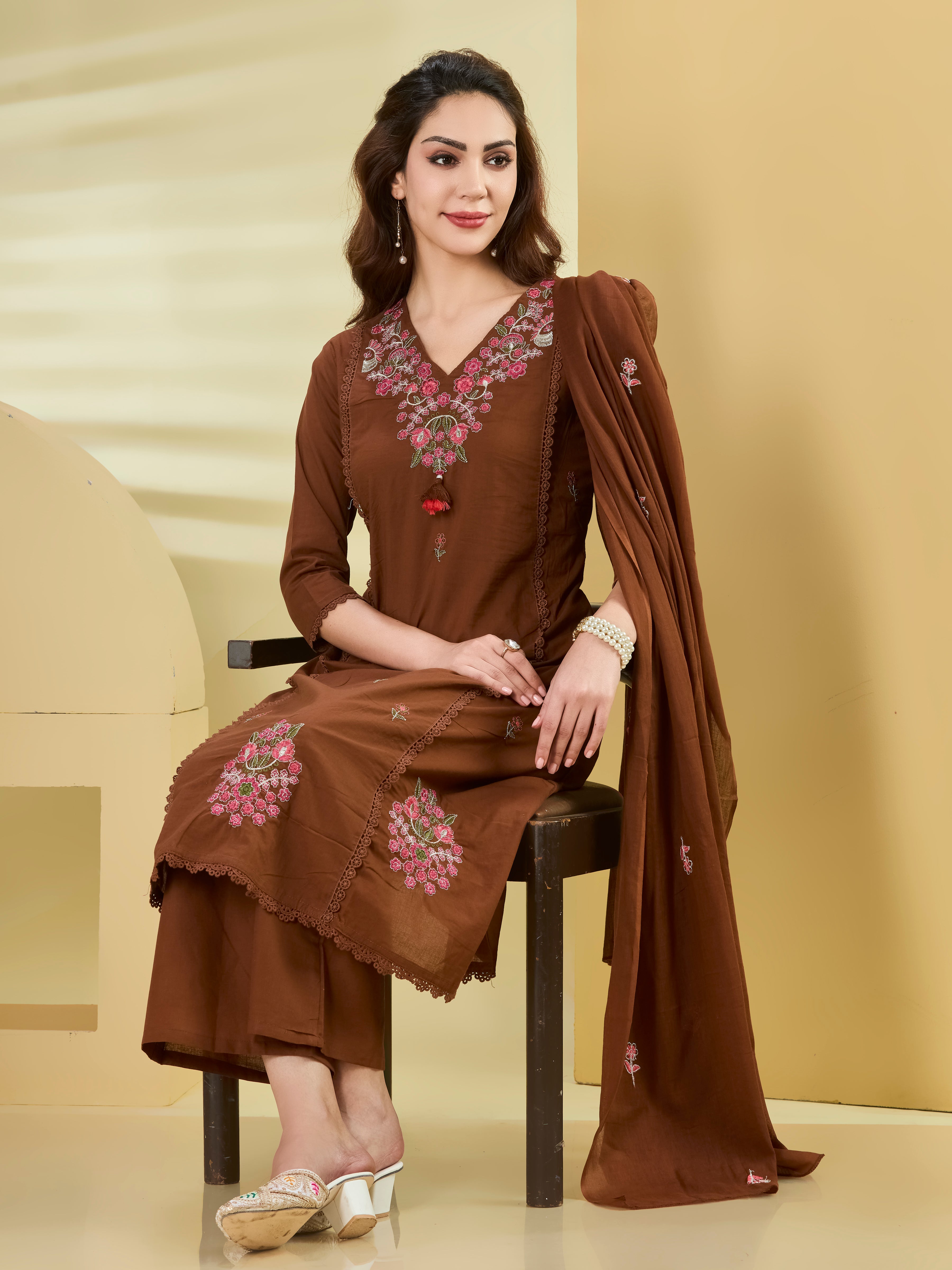 Terra Bloom A-Line Suit Set in Pure Cotton with Floral Embroidery & Palazzo