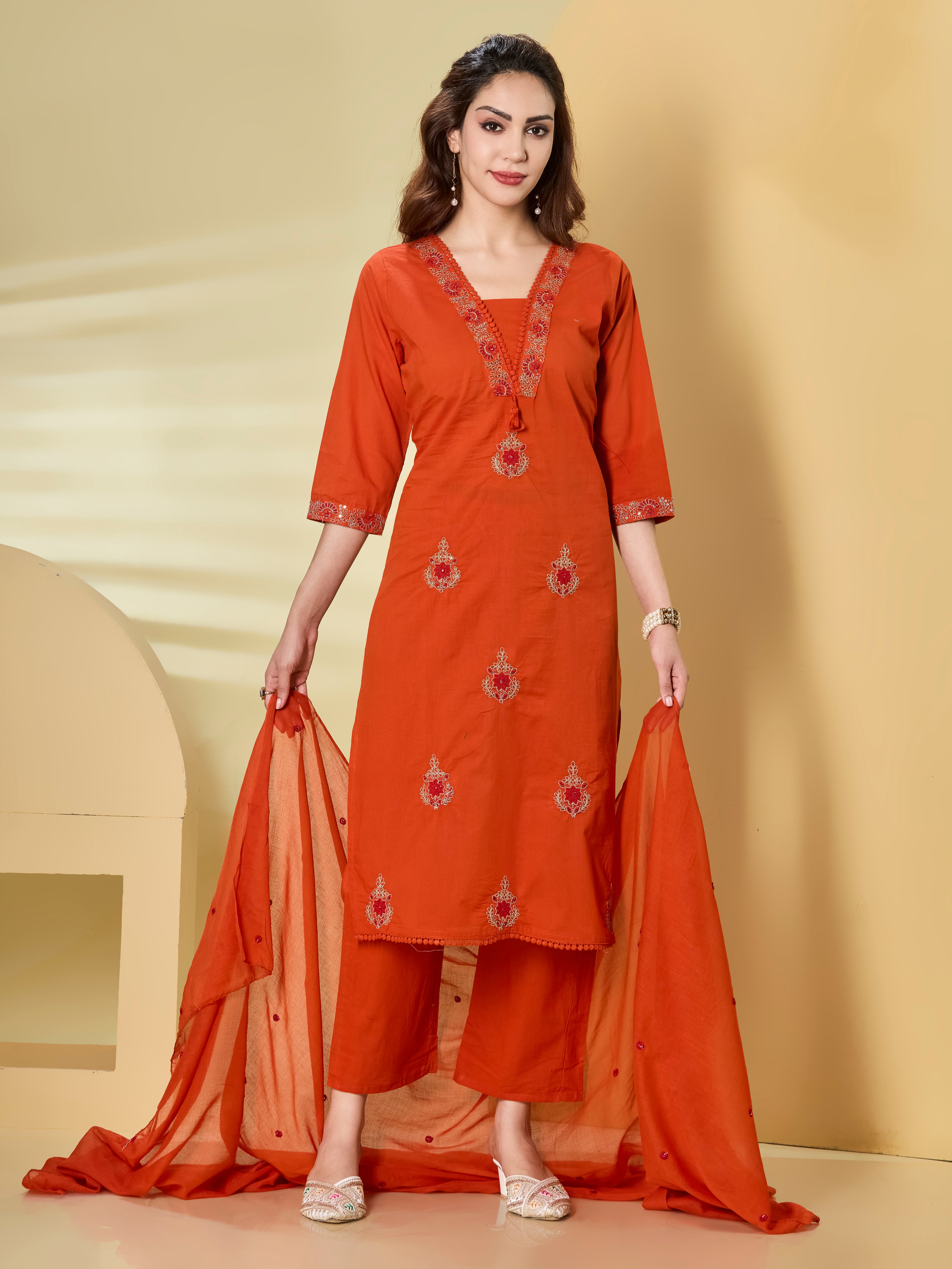 Artisan Garden Cotton Embroidered Straight Suit Set with Dupatta