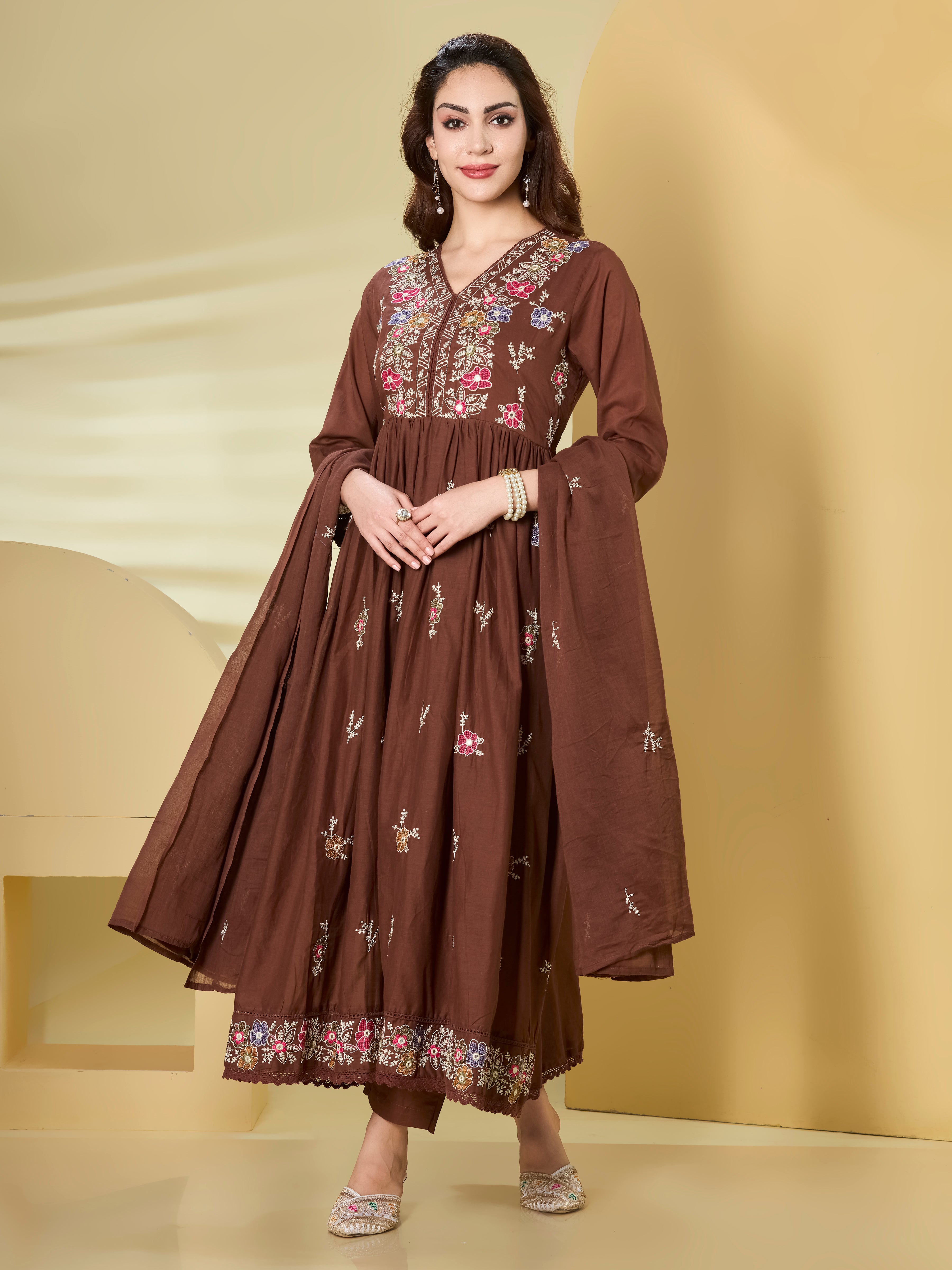 Festive Garden Cotton Anarkali Suit Set with Dupatta