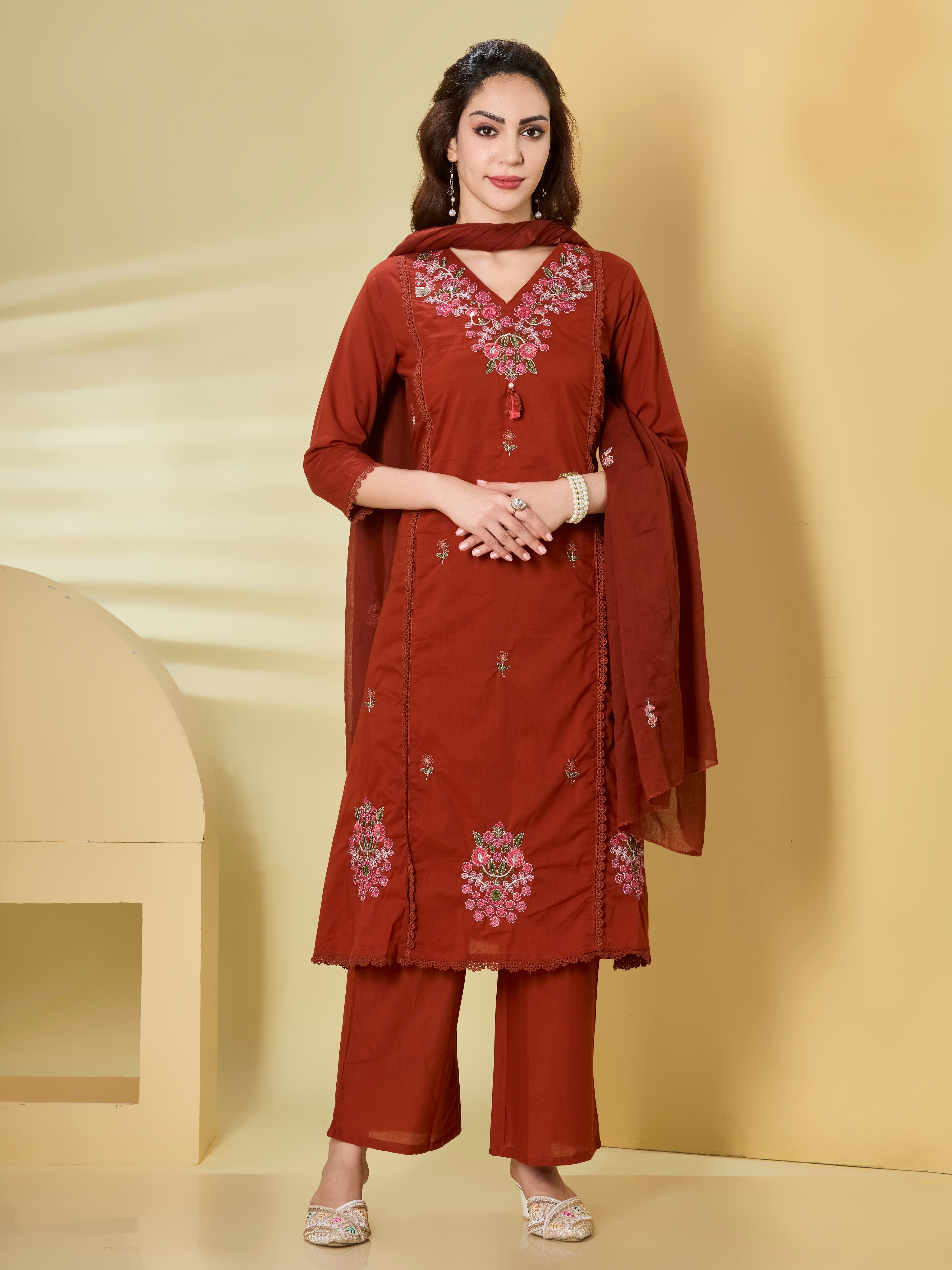 Terra Bloom A-Line Suit Set in Pure Cotton with Floral Embroidery & Palazzo