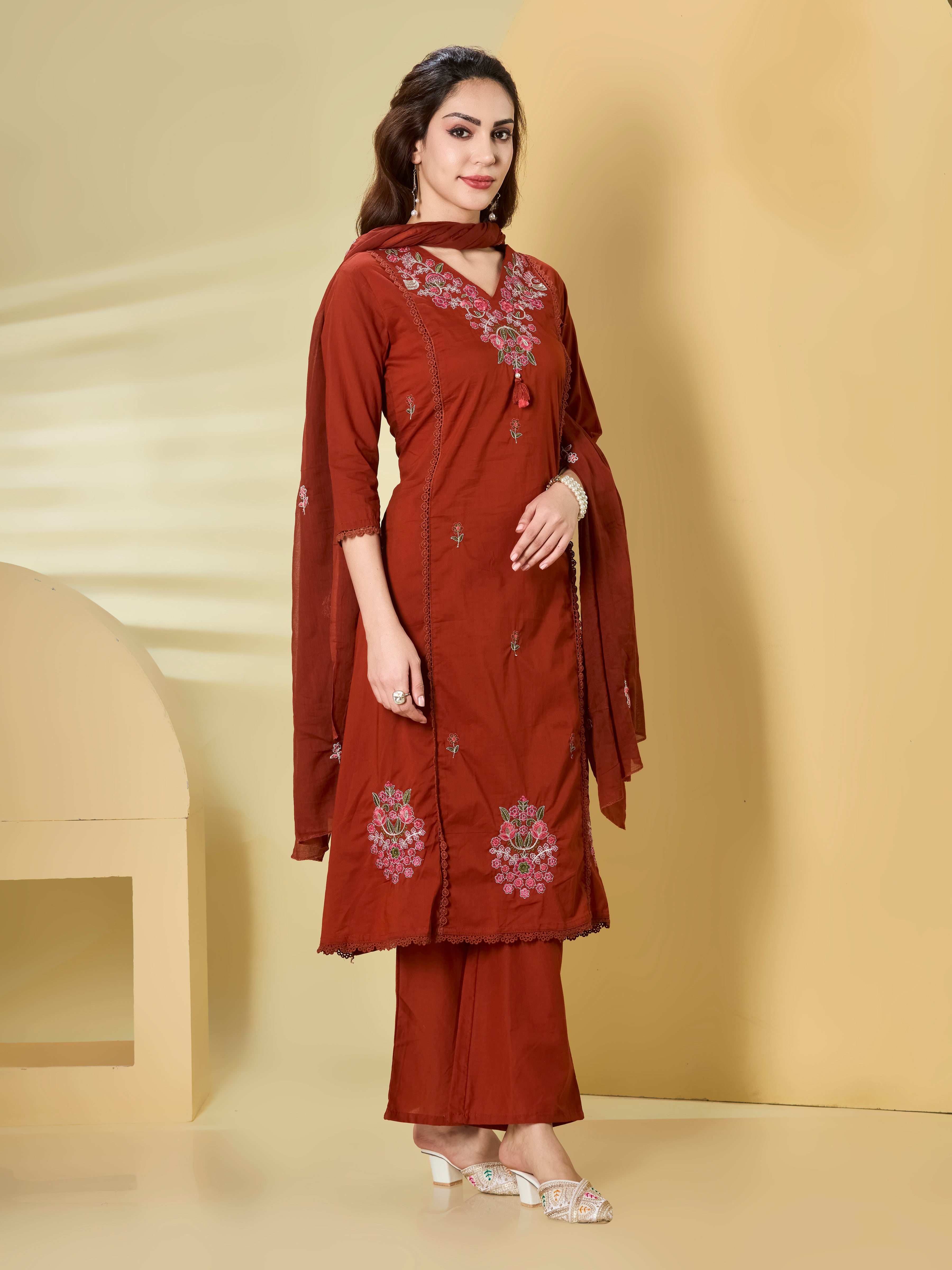 Terra Bloom A-Line Suit Set in Pure Cotton with Floral Embroidery & Palazzo