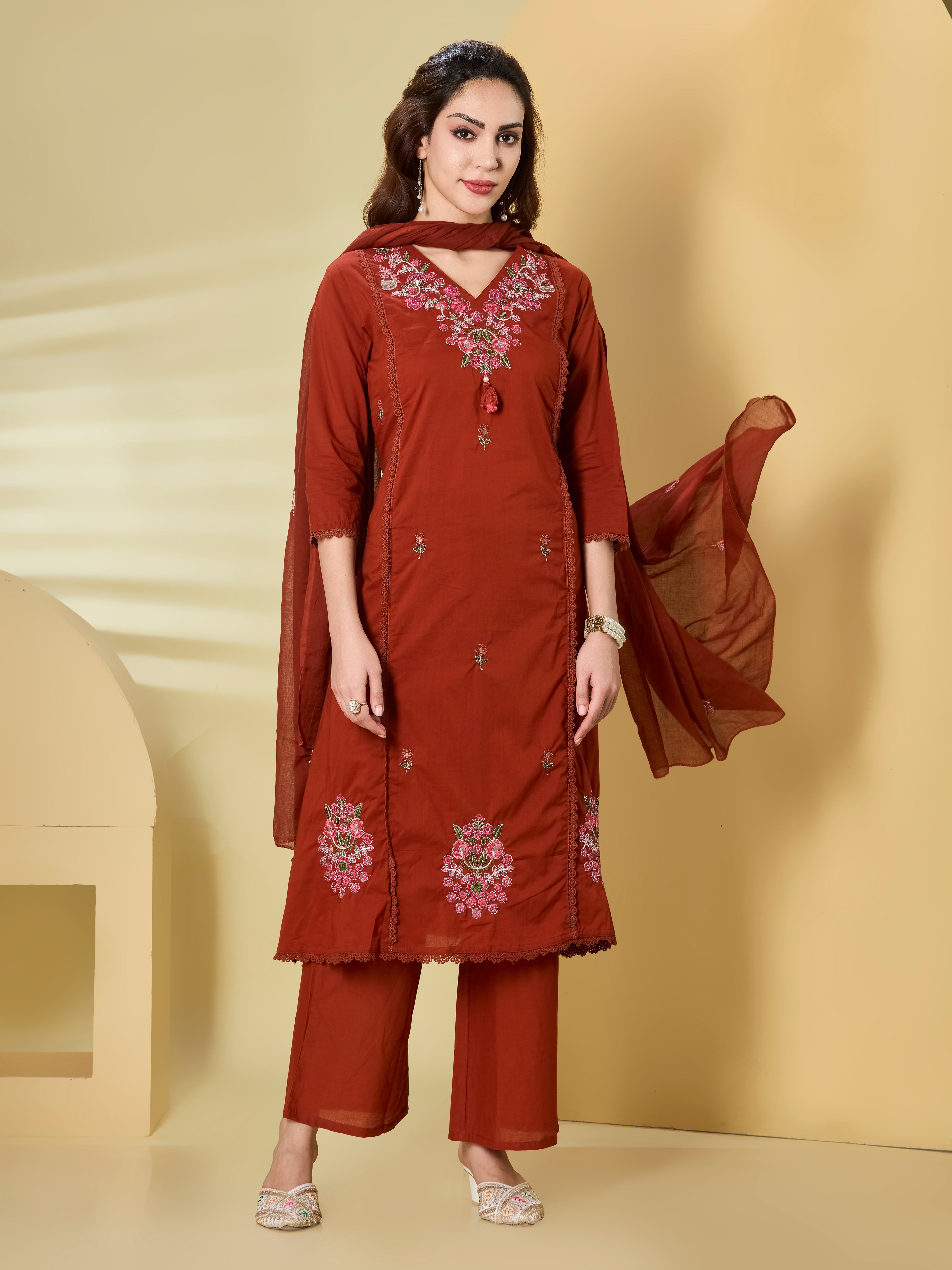 Terra Bloom A-Line Suit Set in Pure Cotton with Floral Embroidery & Palazzo