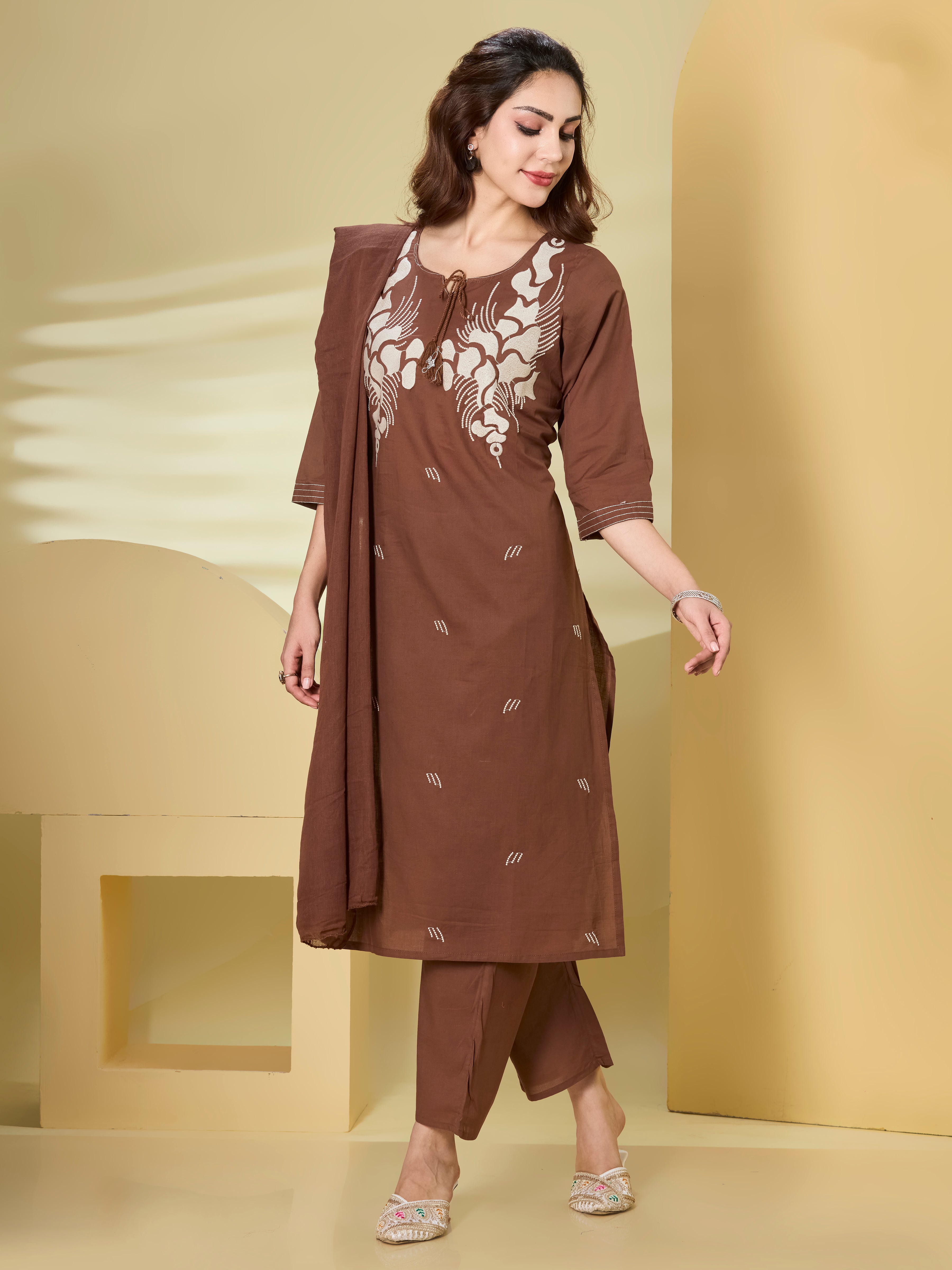 Heritage Bloom Cotton Embroidered Straight Suit Set with Dupatta