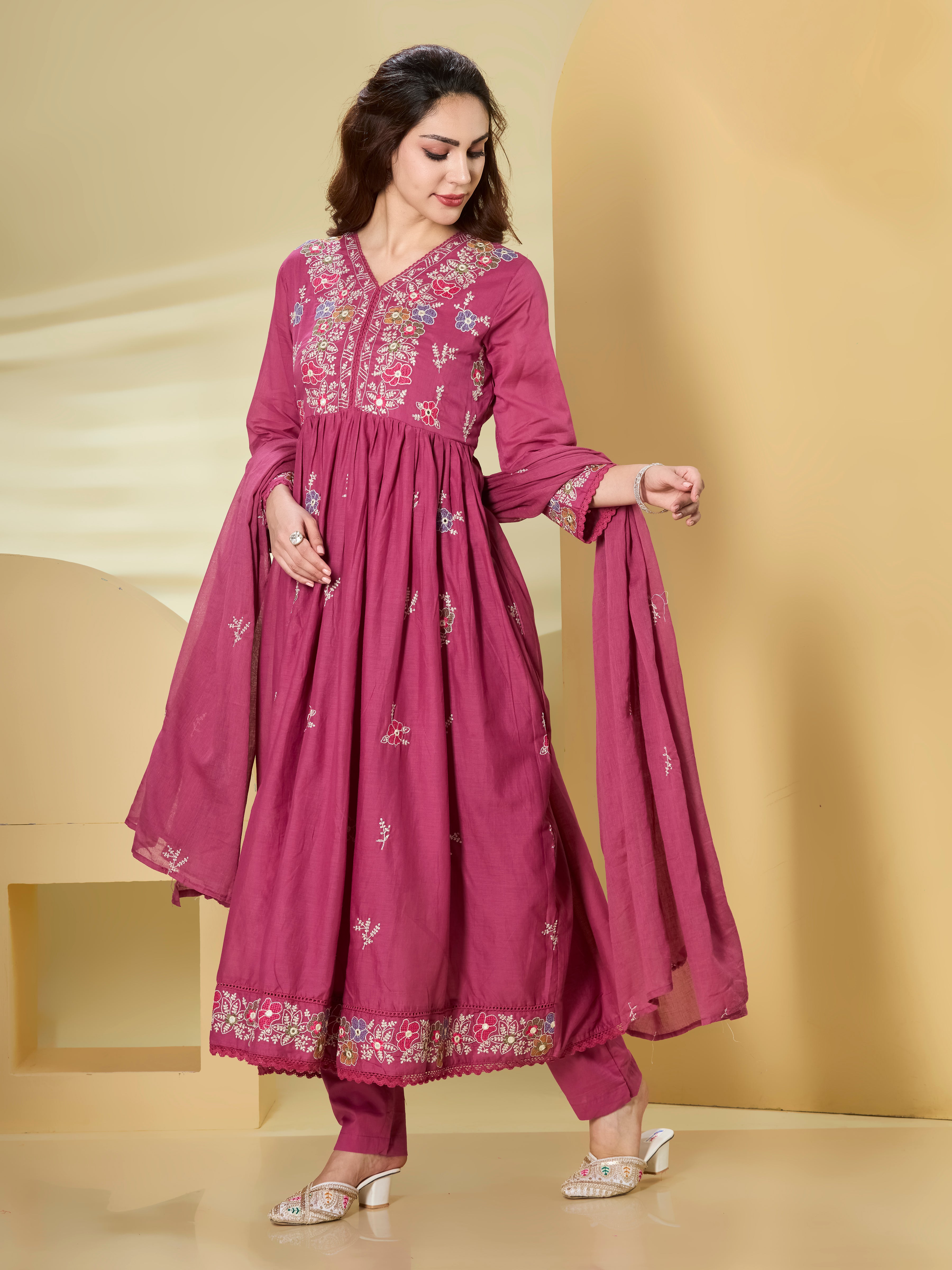 Festive Garden Cotton Anarkali Suit Set with Dupatta