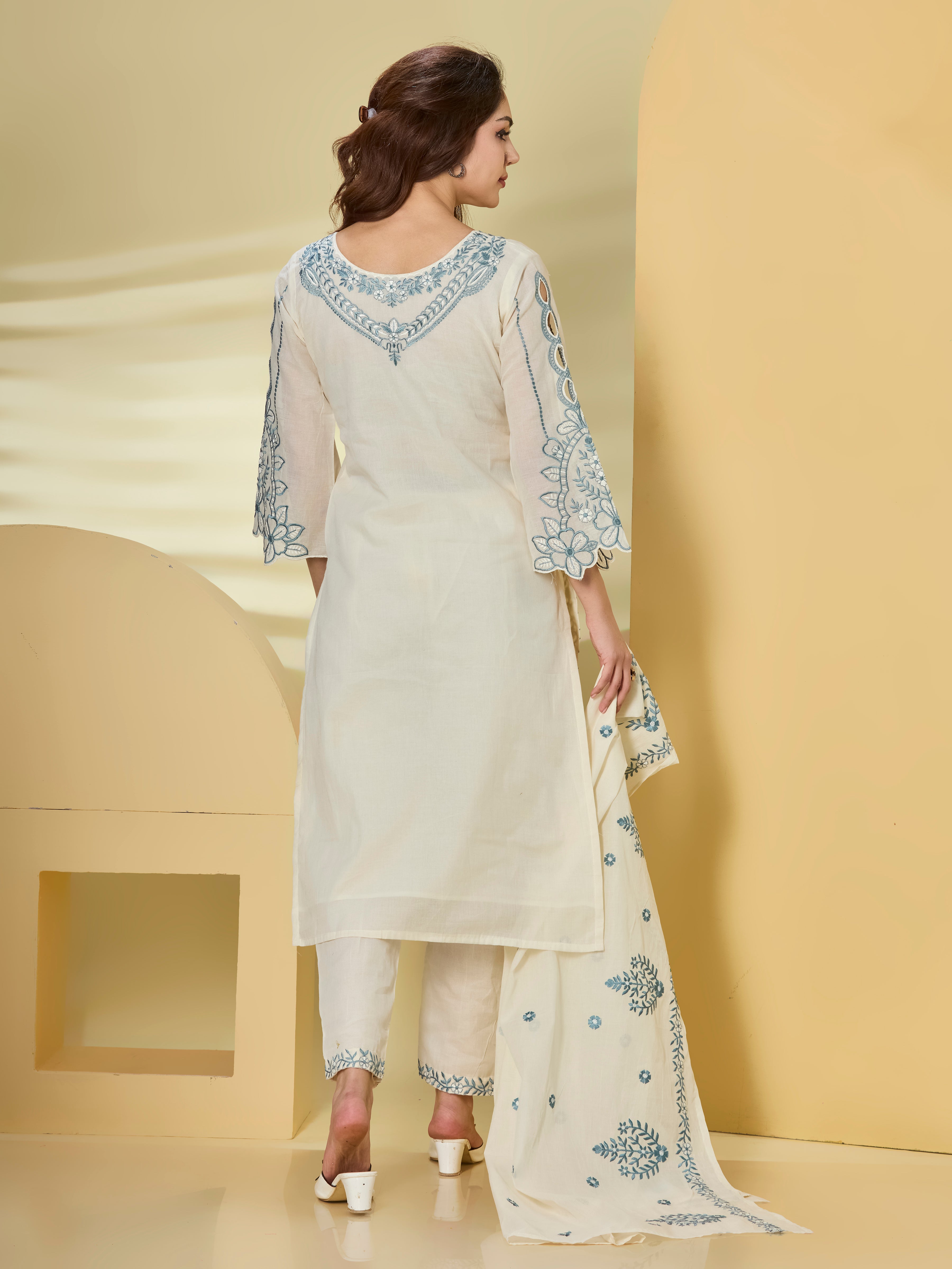 Ivory & Powder Blue Embroidered Cotton Straight Suit Set with Dupatta