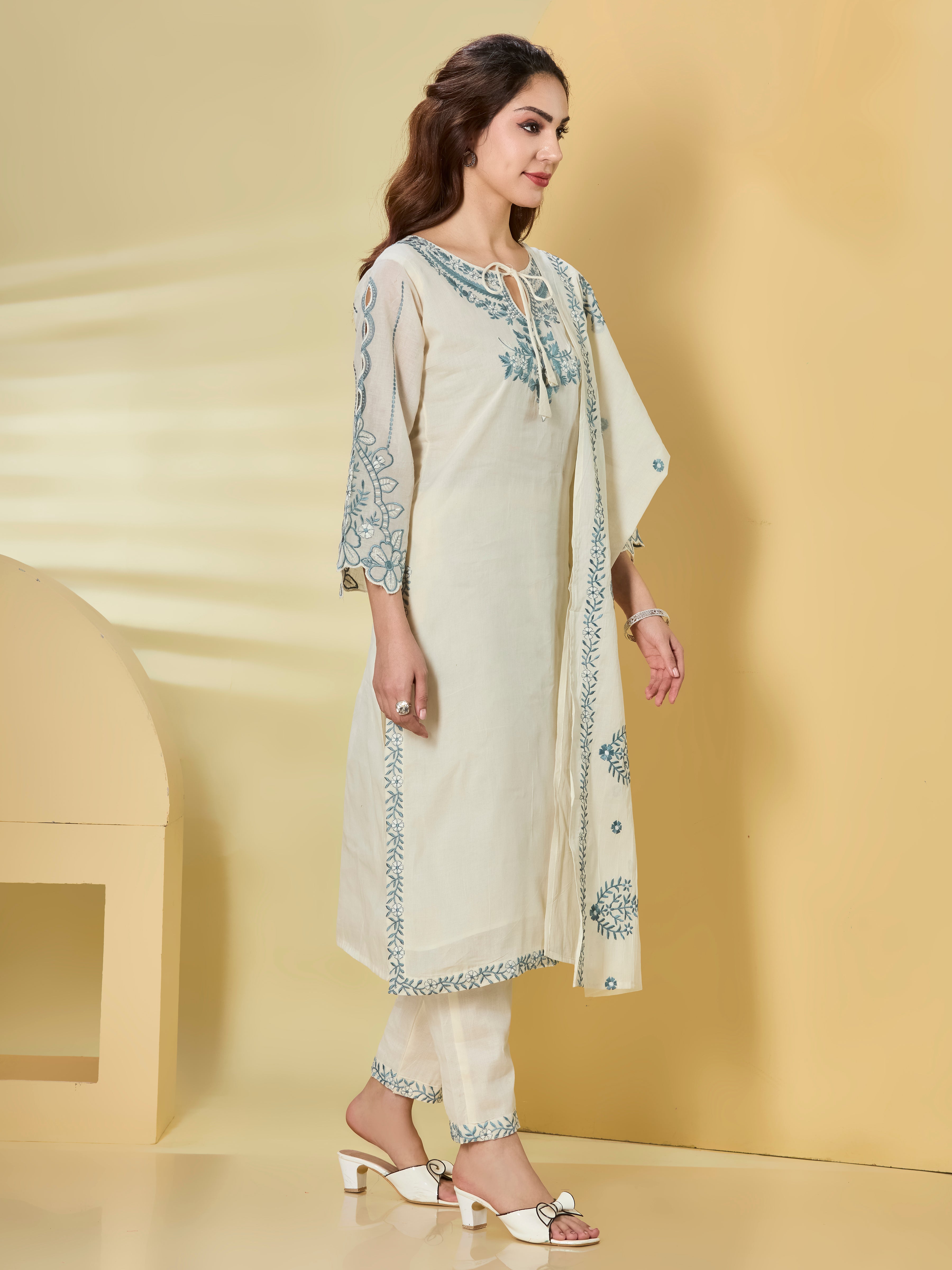 Ivory & Powder Blue Embroidered Cotton Straight Suit Set with Dupatta