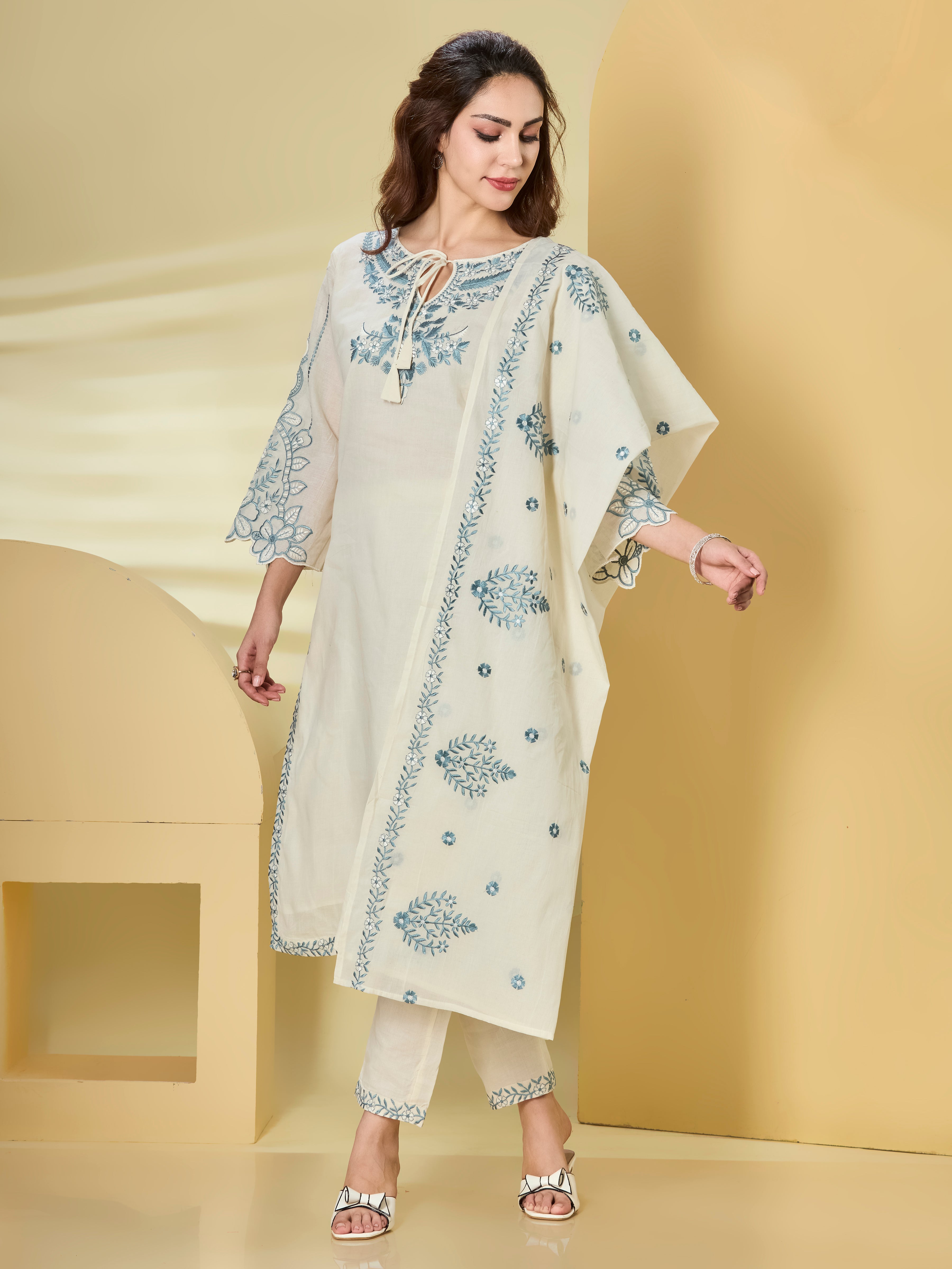 Ivory & Powder Blue Embroidered Cotton Straight Suit Set with Dupatta