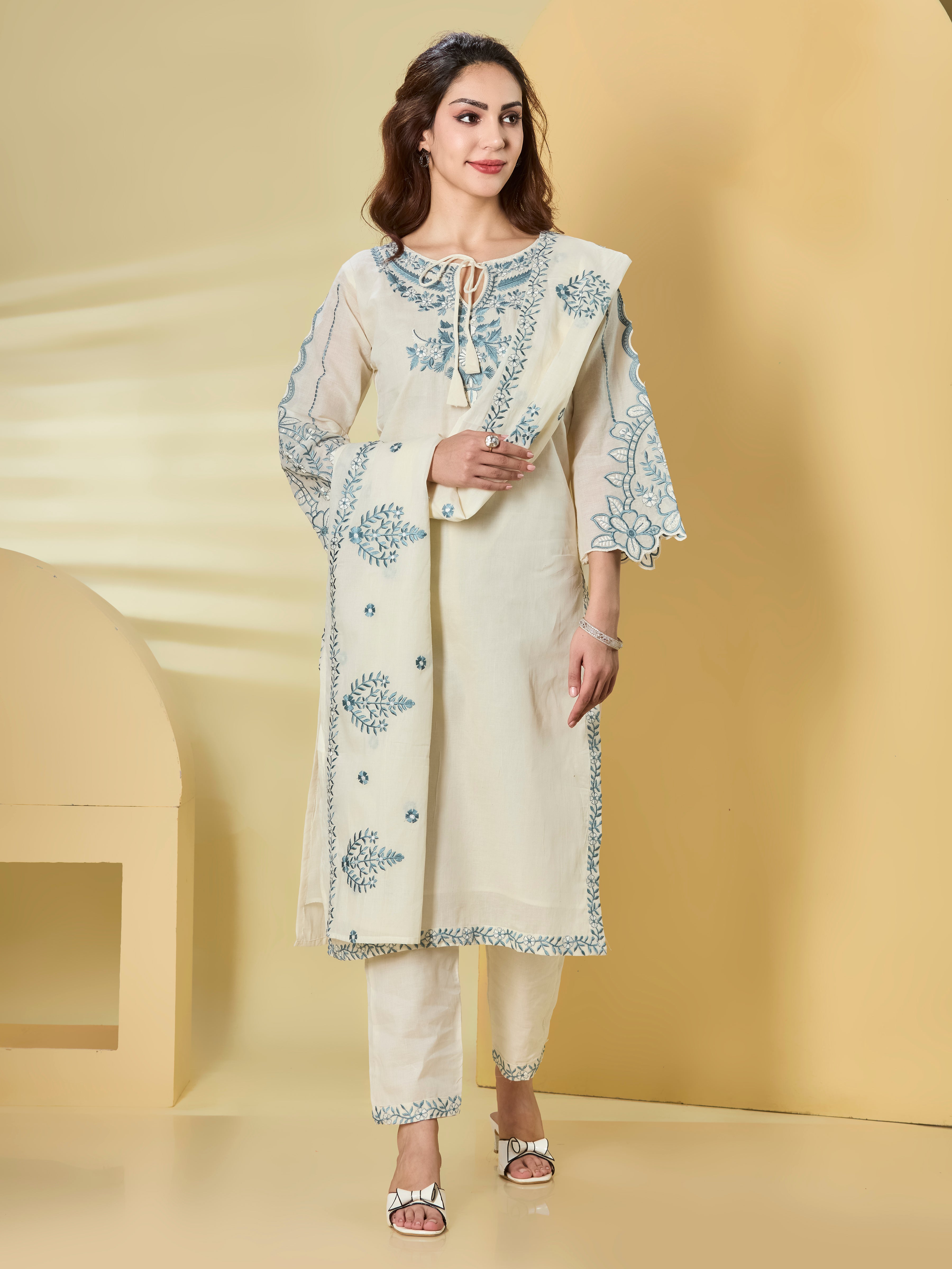 Ivory & Powder Blue Embroidered Cotton Straight Suit Set with Dupatta