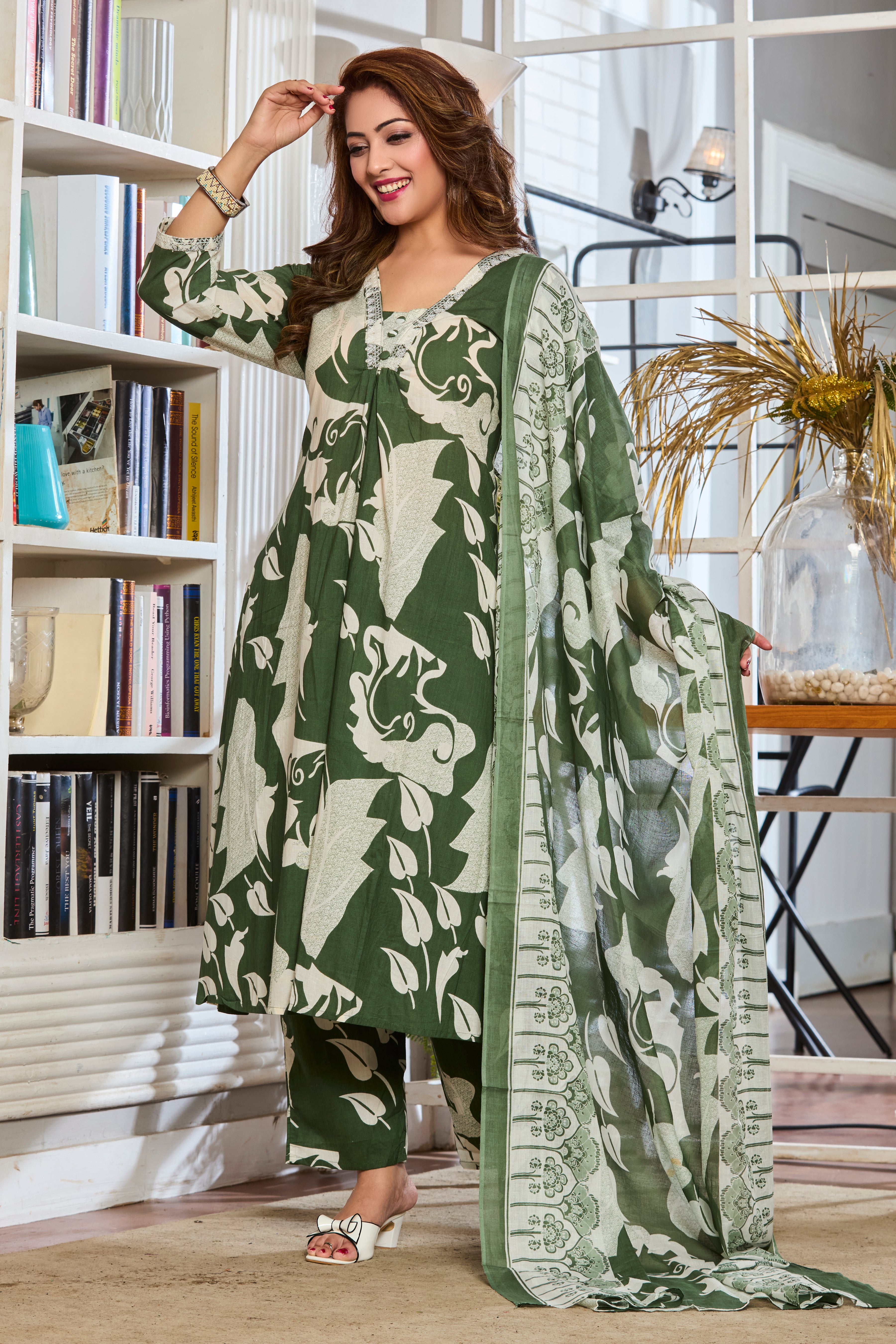 Olive Green & Pearl White Hand Block Floral Print A-Line Kurta with Lightweight cotton dupatta