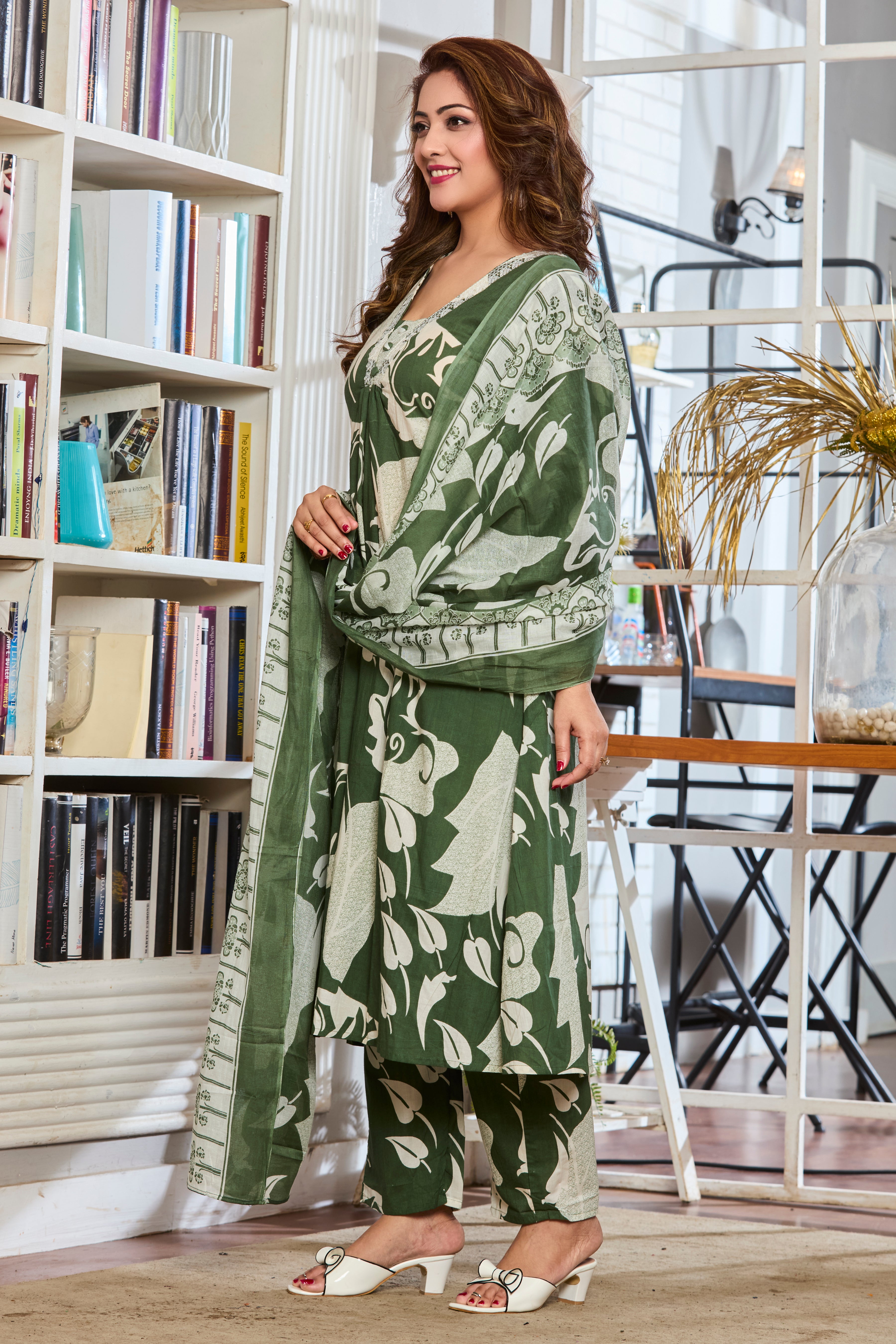 Olive Green & Pearl White Hand Block Floral Print A-Line Kurta with Lightweight cotton dupatta