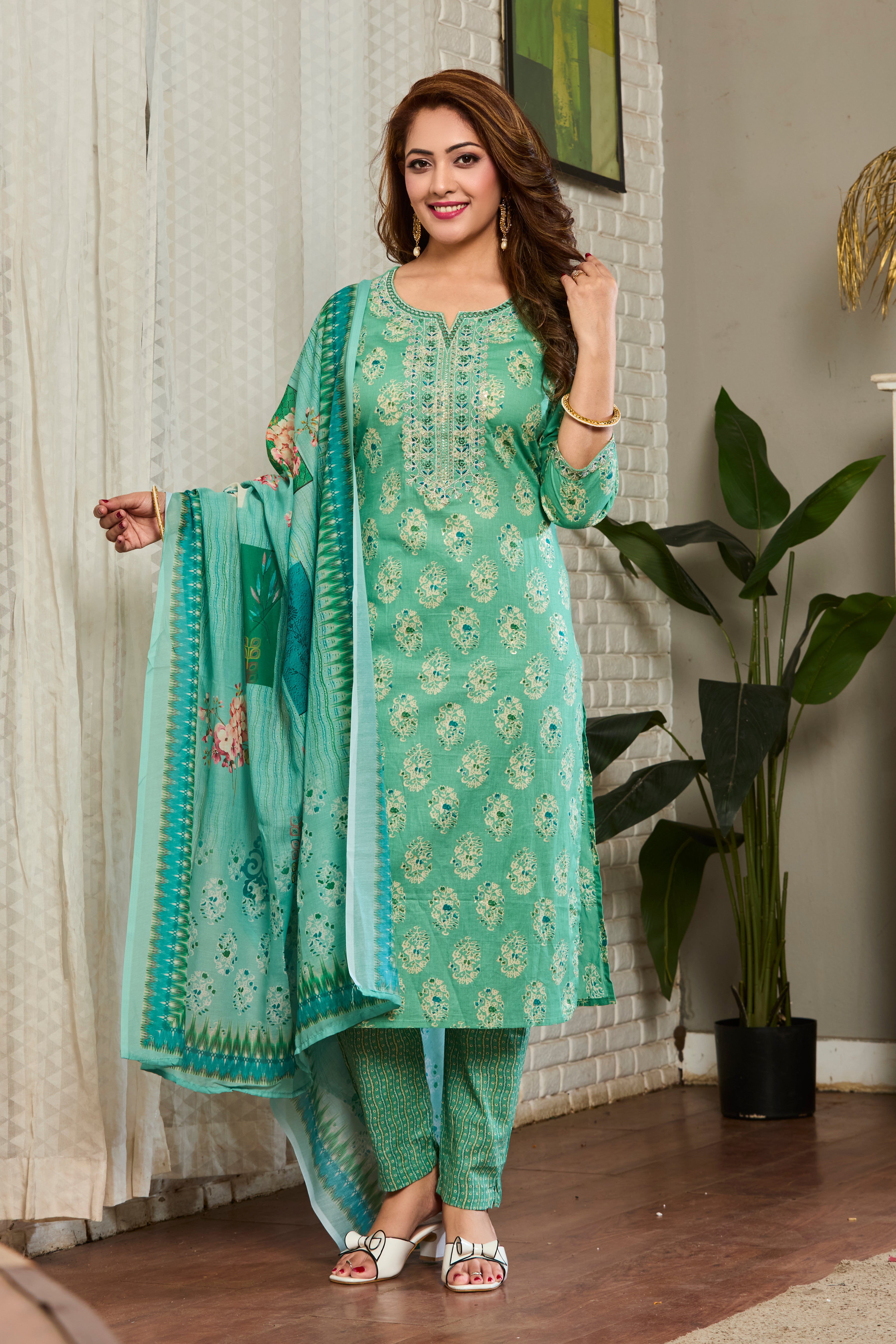 Mint Green Floral Motfits Straight Suit Set with Cotton Dupatta