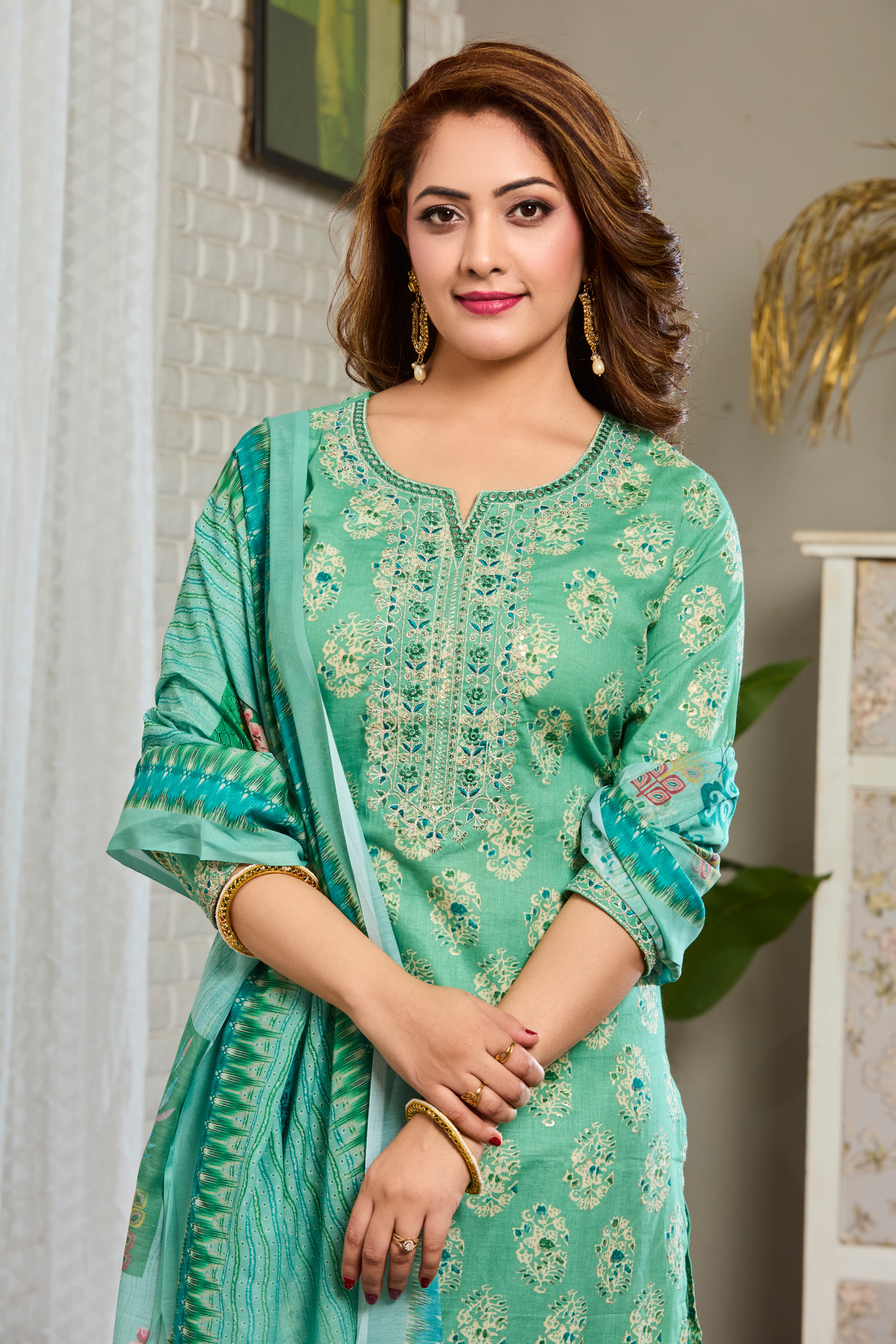 Mint Green Floral Motfits Straight Suit Set with Cotton Dupatta