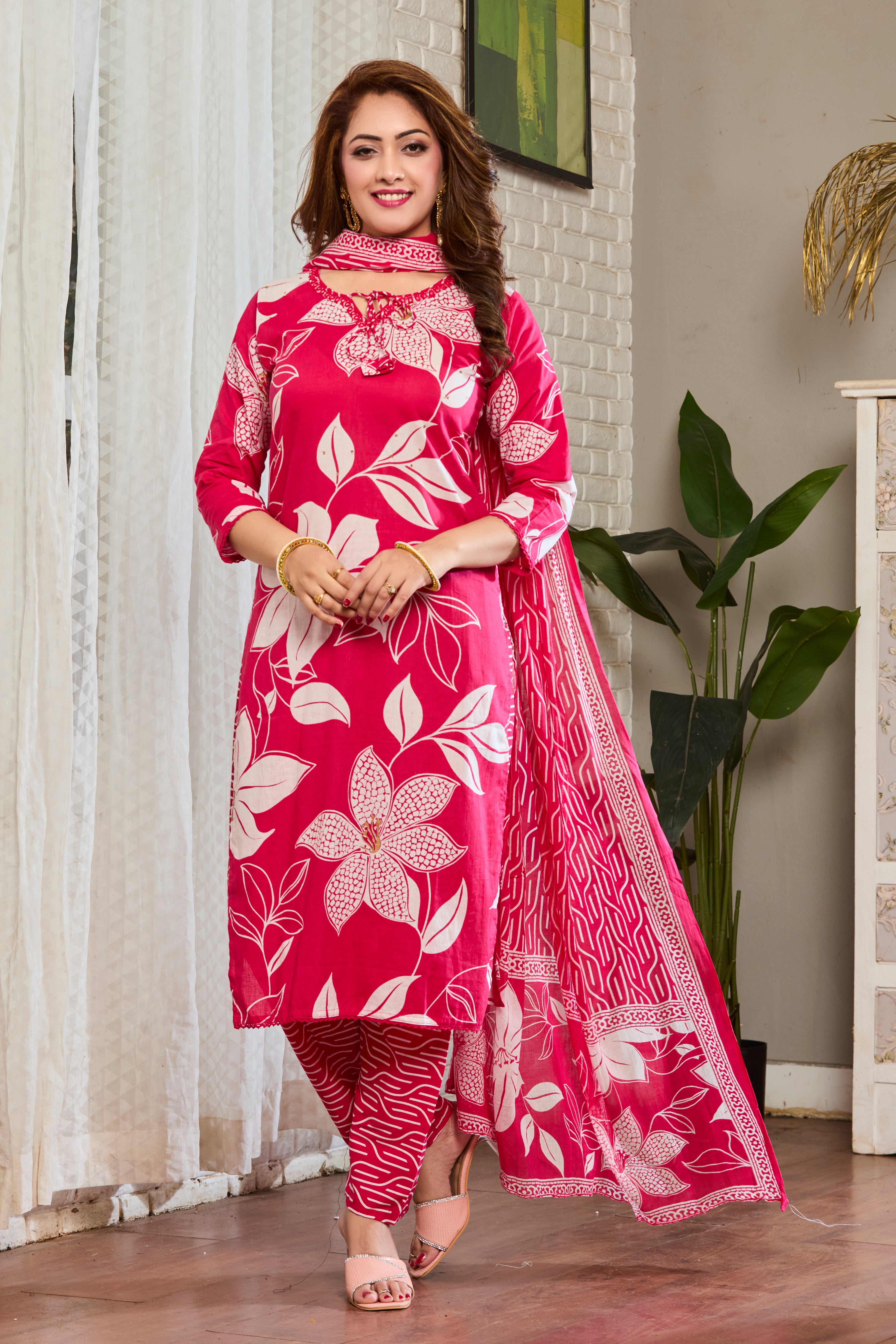Bold Pink Handblock floral print Straight suit set with breezy cotton dupatta