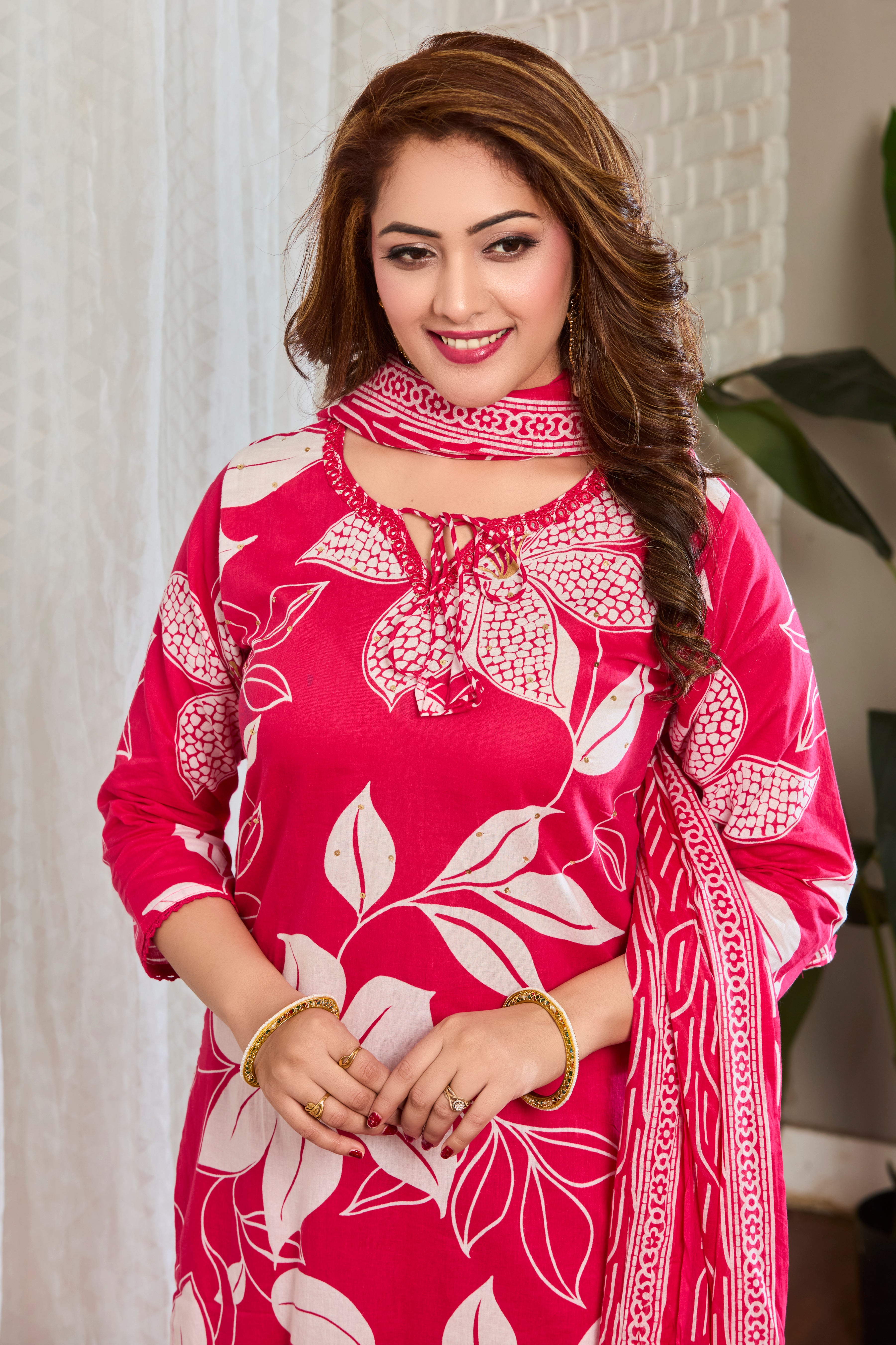 Bold Pink Handblock floral print Straight suit set with breezy cotton dupatta