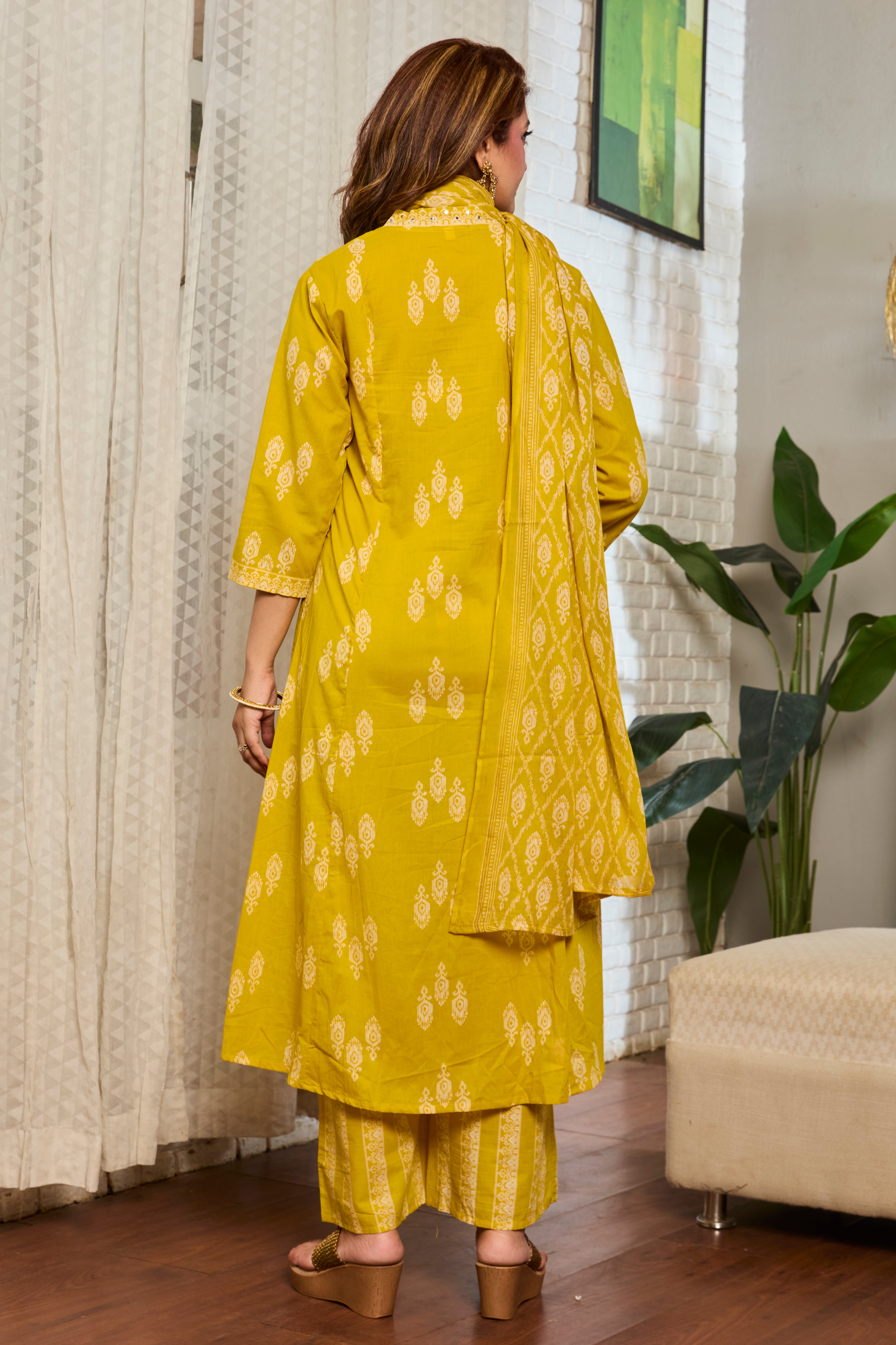 Mustard Yellow Hand Block Floral Print A-Line Kurta with Cotton Dupatta