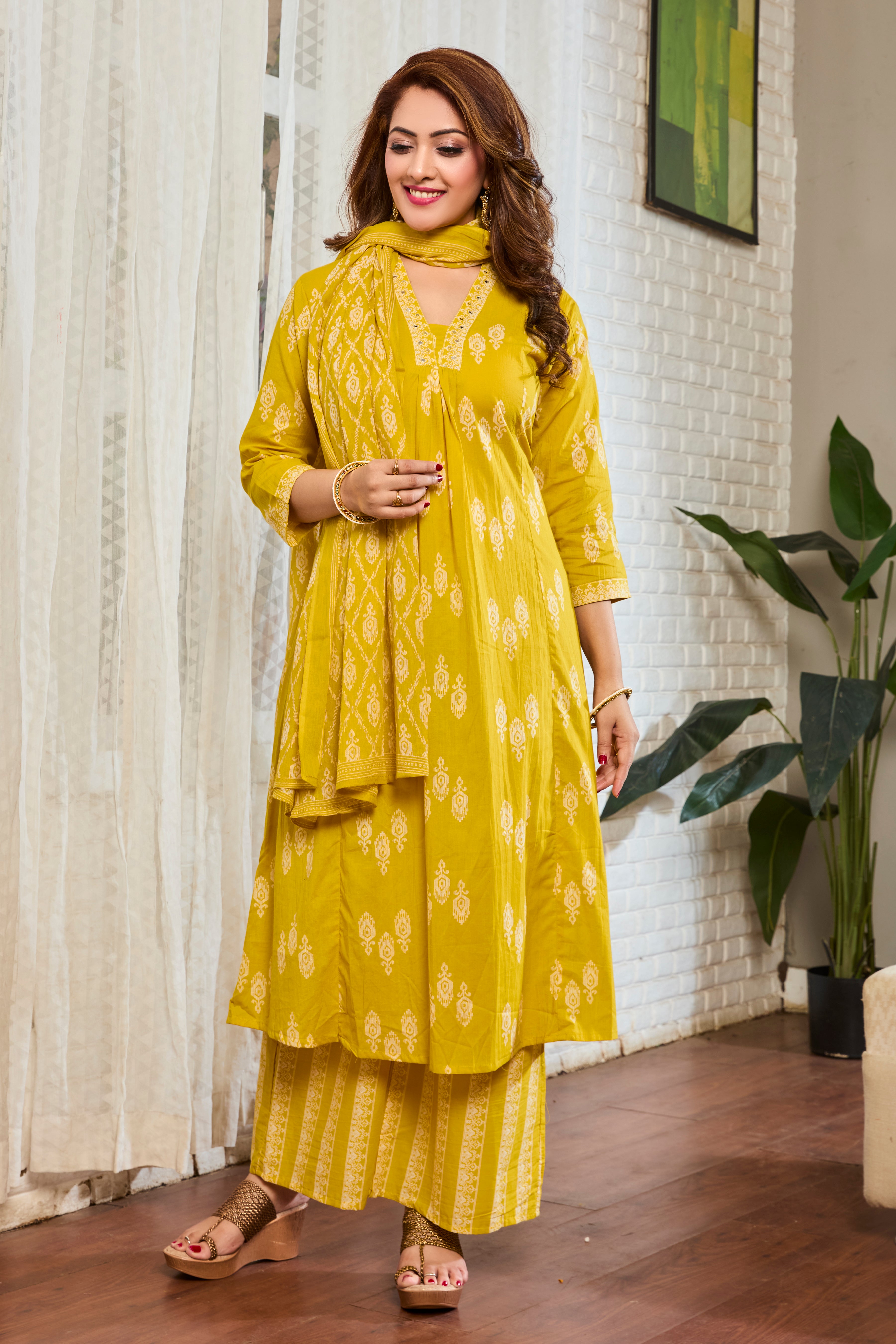 Mustard Yellow Hand Block Floral Print A-Line Kurta with Cotton Dupatta