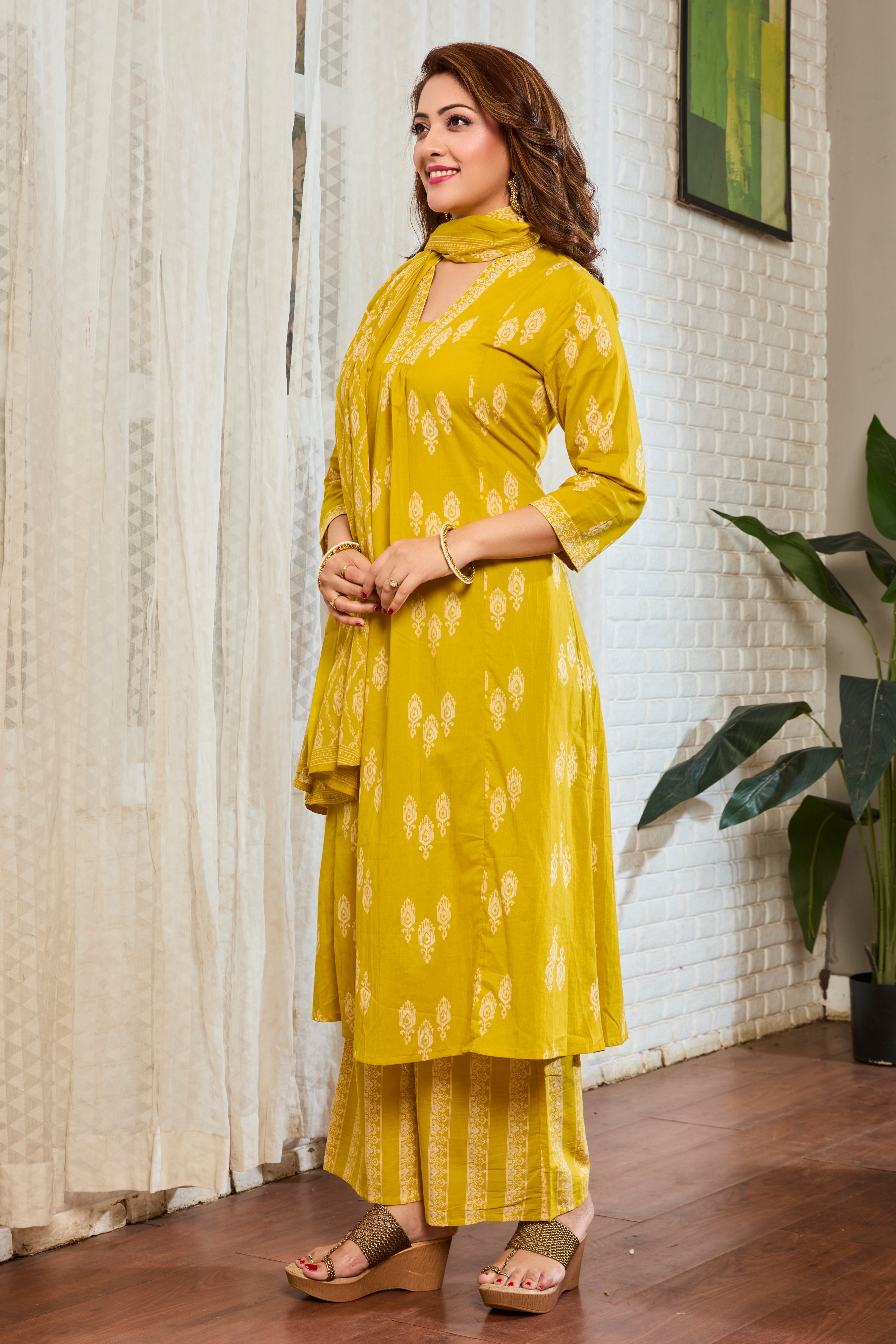 Mustard Yellow Hand Block Floral Print A-Line Kurta with Cotton Dupatta
