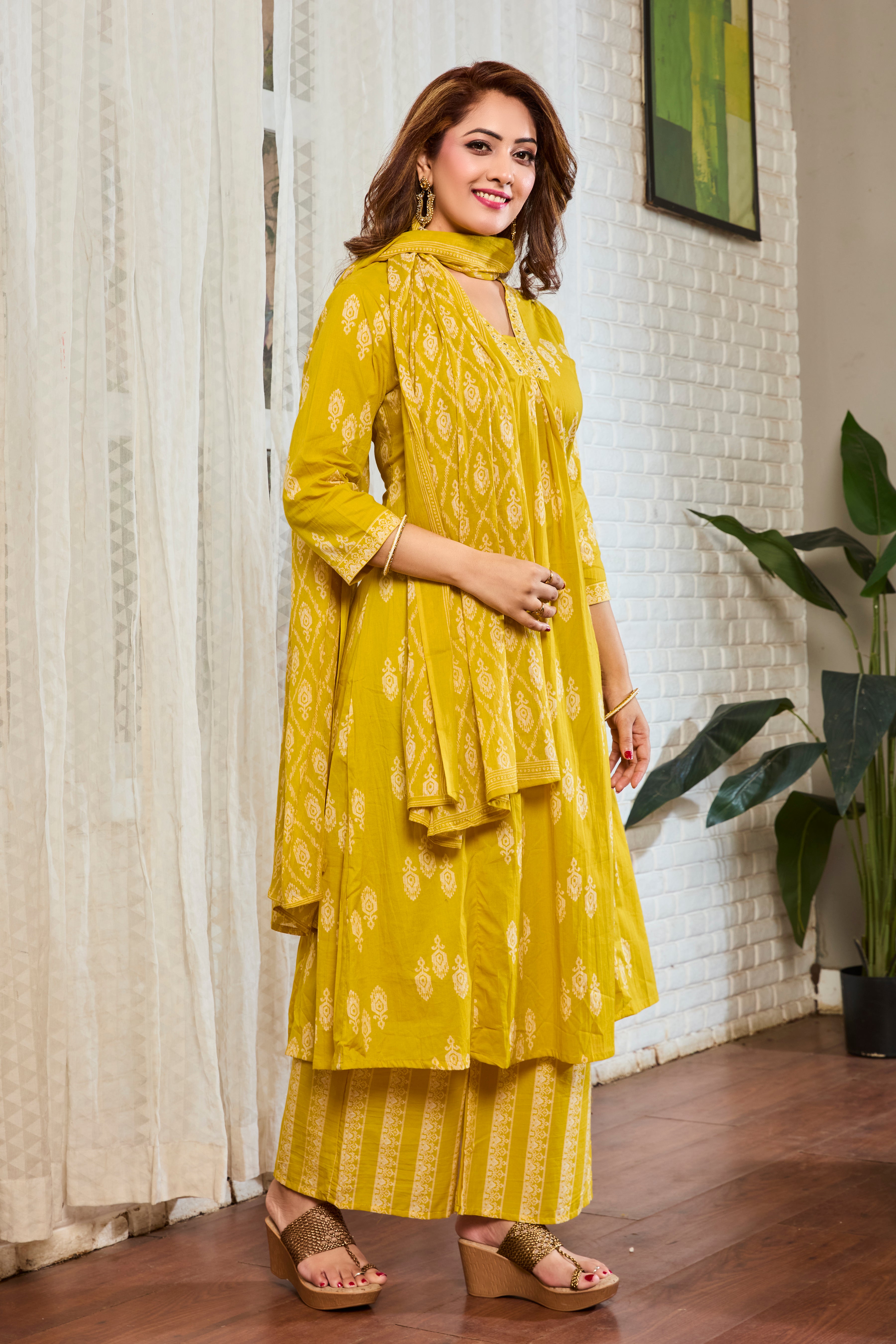 Mustard Yellow Hand Block Floral Print A-Line Kurta with Cotton Dupatta