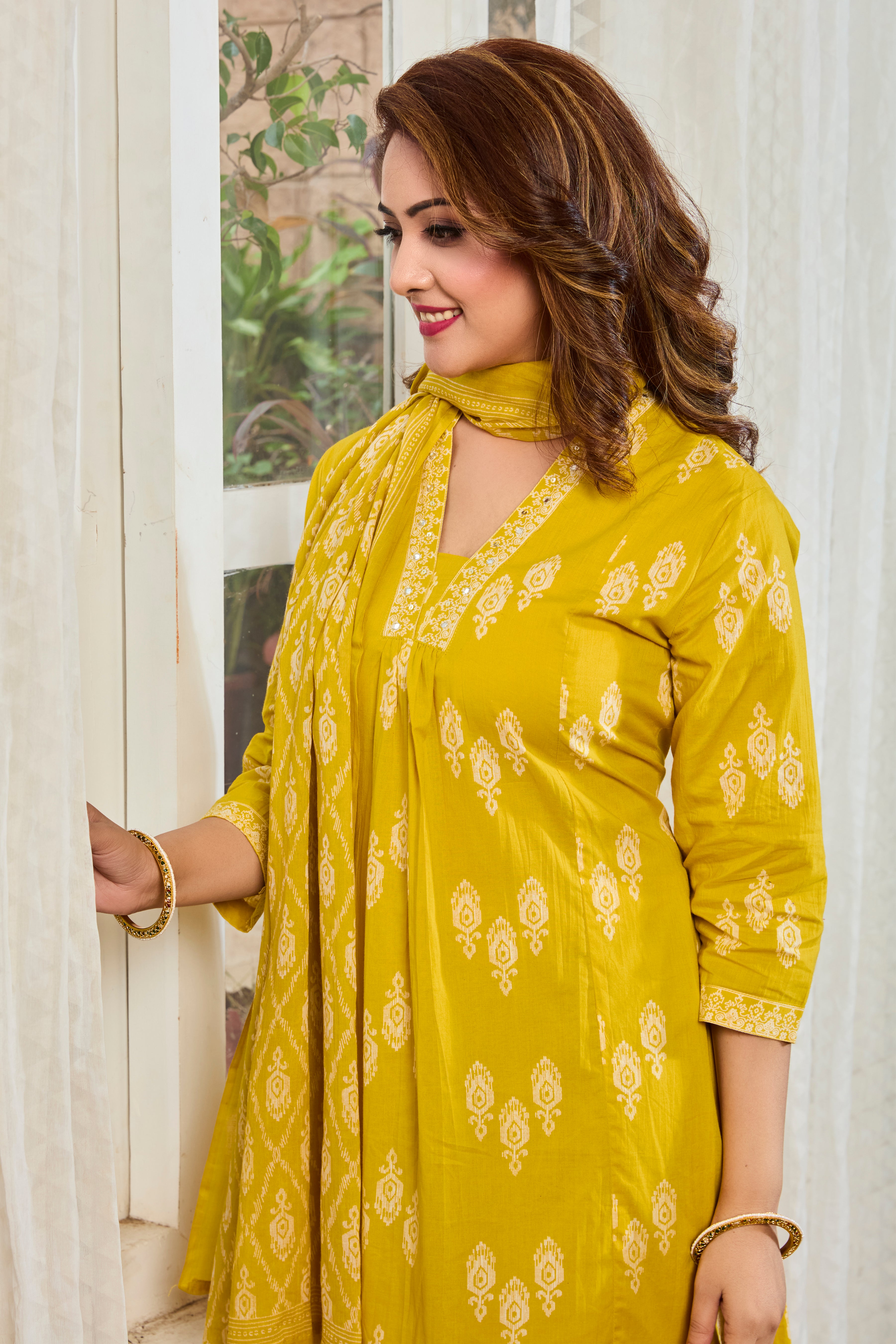 Mustard Yellow Hand Block Floral Print A-Line Kurta with Cotton Dupatta