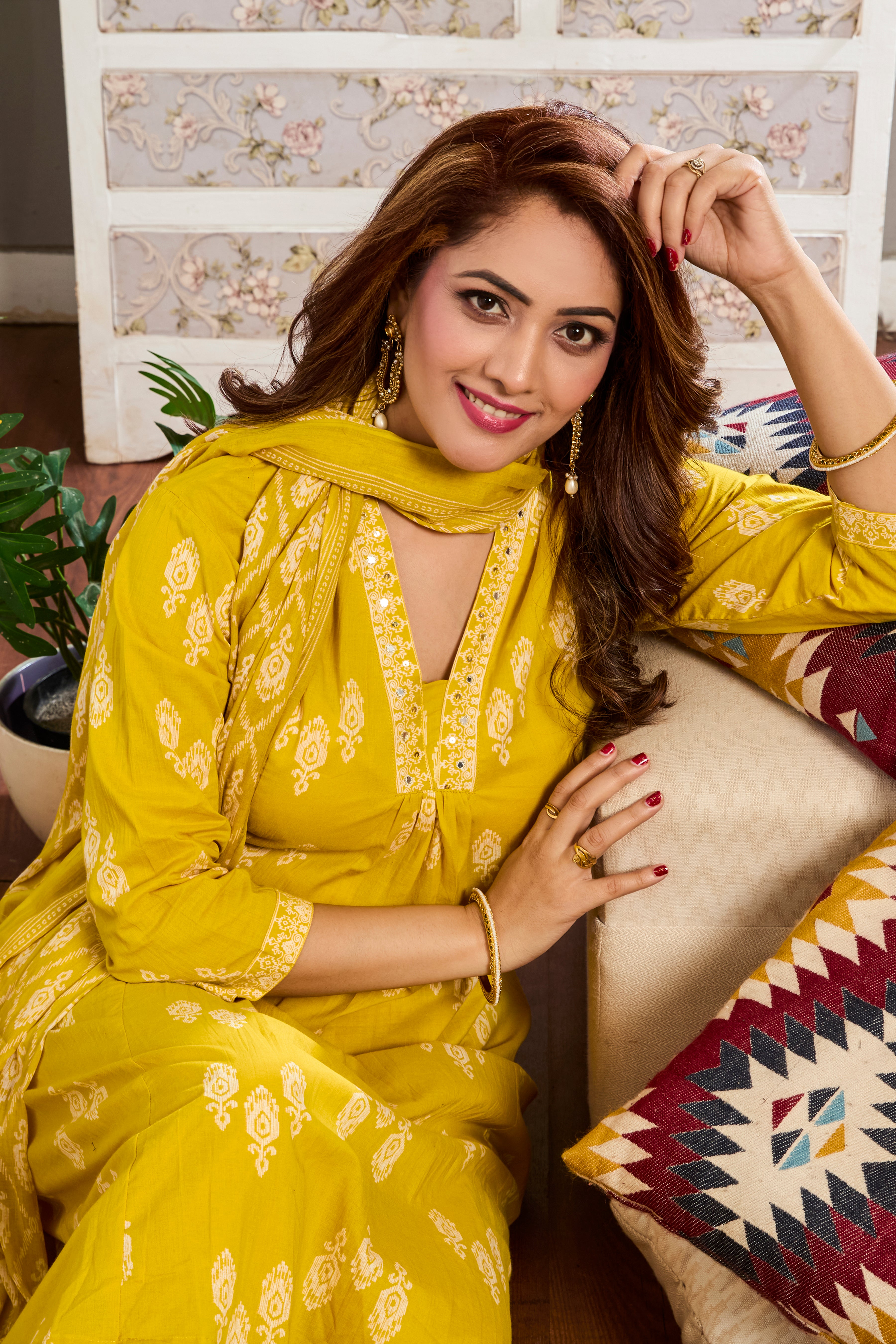 Mustard Yellow Hand Block Floral Print A-Line Kurta with Cotton Dupatta