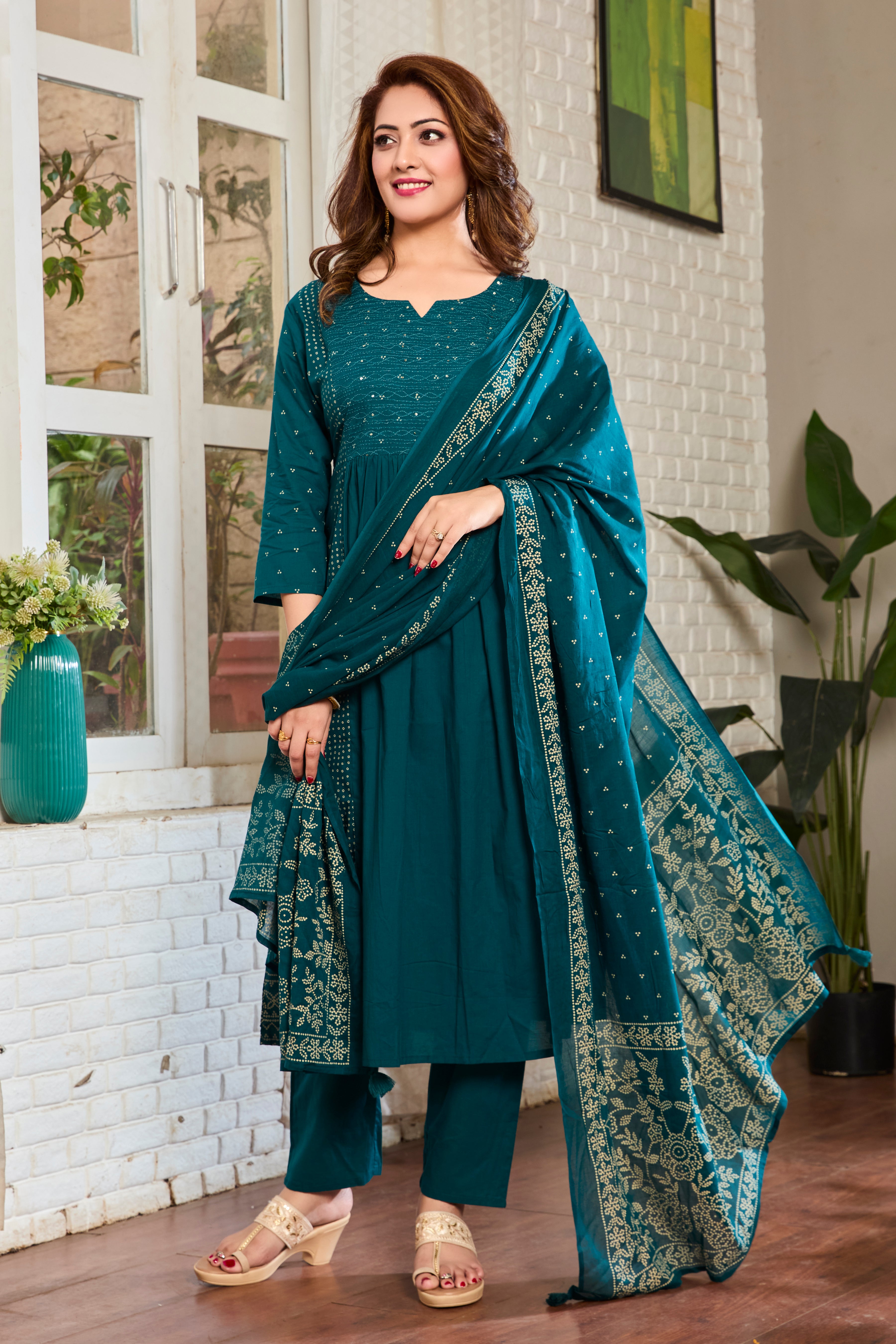Ocean Teal with Ivory Hand Block Floral Print A-Line Kurta with Cotton Dupatta