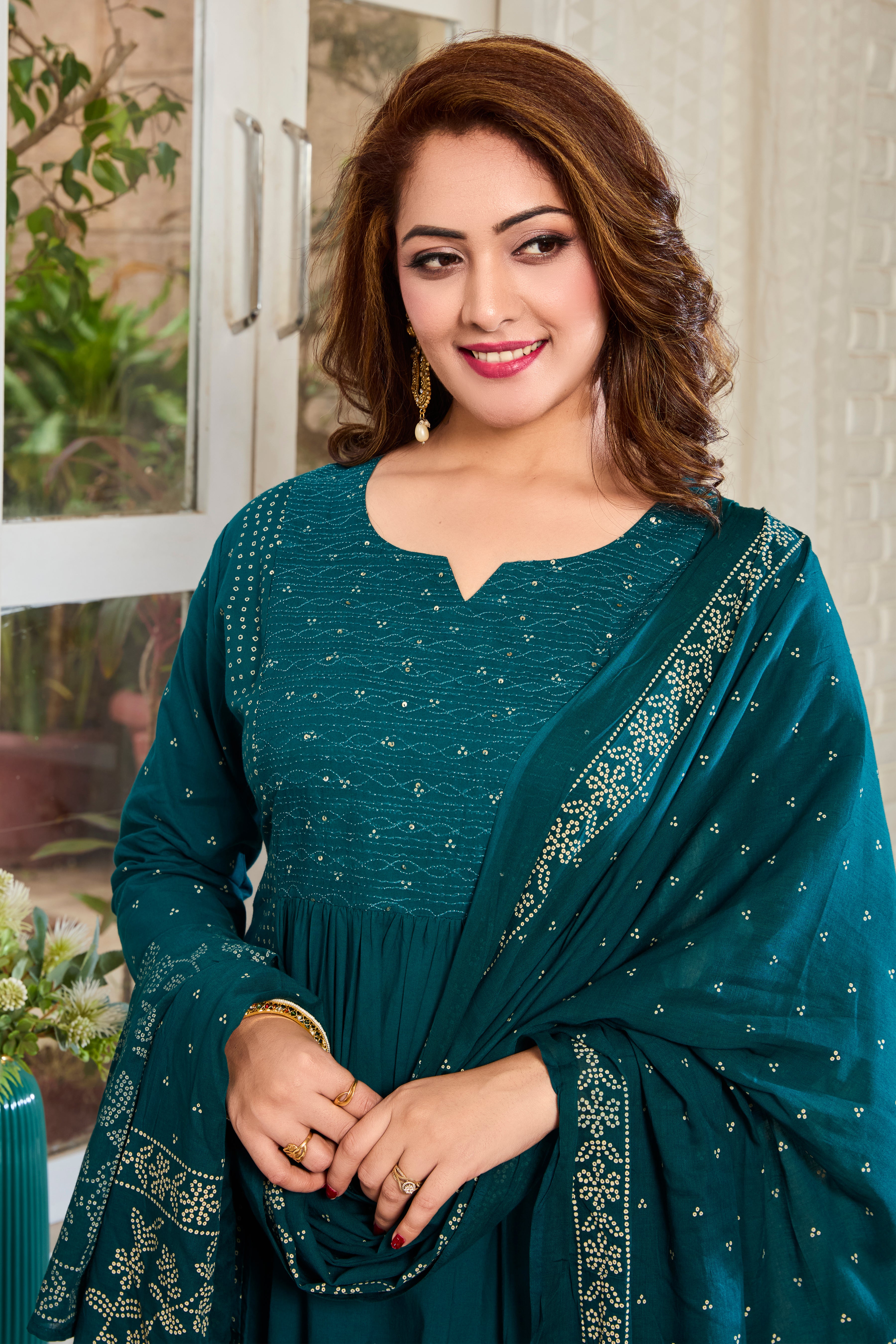 Ocean Teal with Ivory Hand Block Floral Print A-Line Kurta with Cotton Dupatta