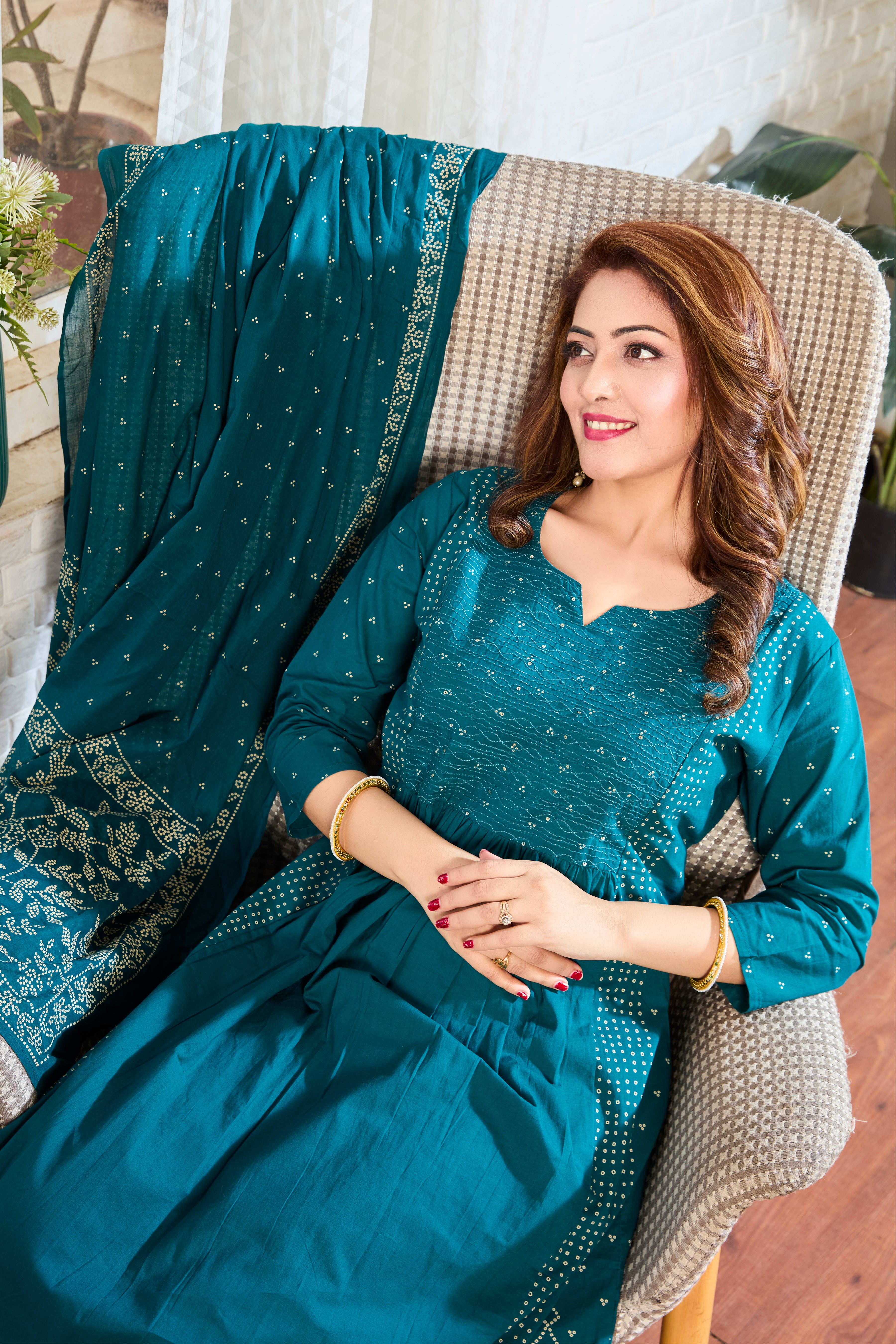 Ocean Teal with Ivory Hand Block Floral Print A-Line Kurta with Cotton Dupatta
