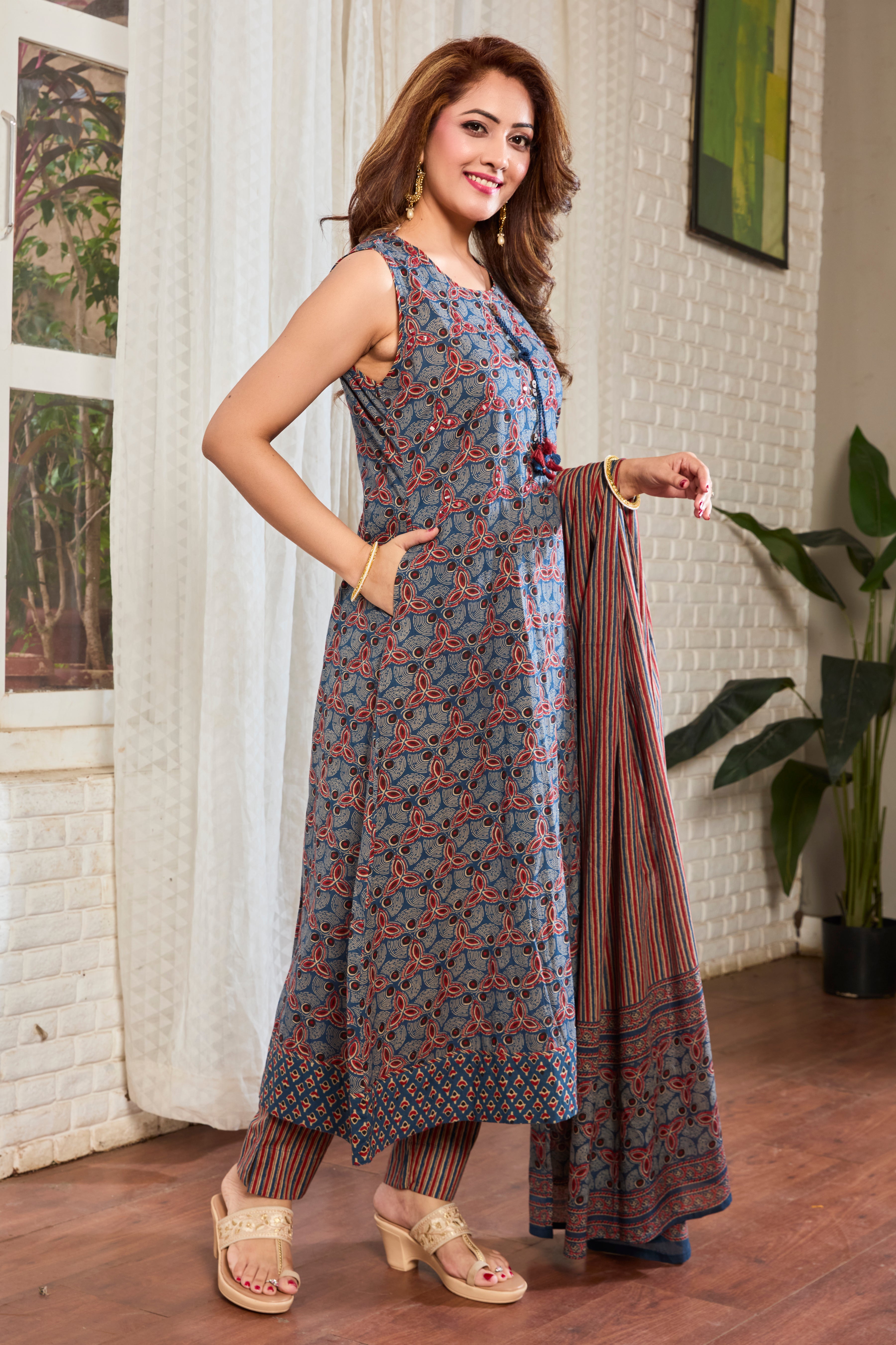 Midnight Indigo & Rust Hand Block Floral Print A-Line Kurta with Cotton Dupatta