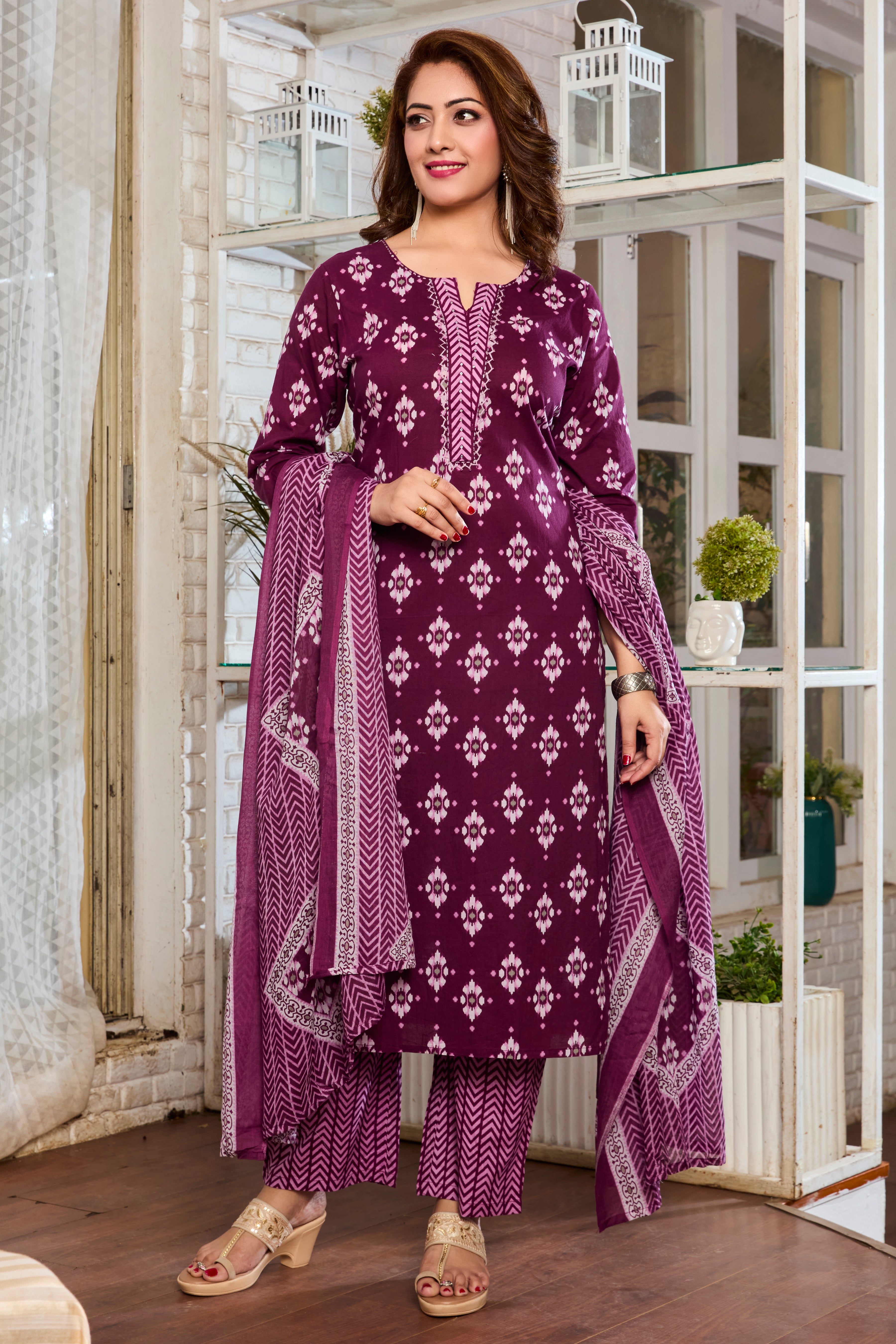 Maroon wih Pink Handblock print kurta Straight Suit set with Cotton Dupatta
