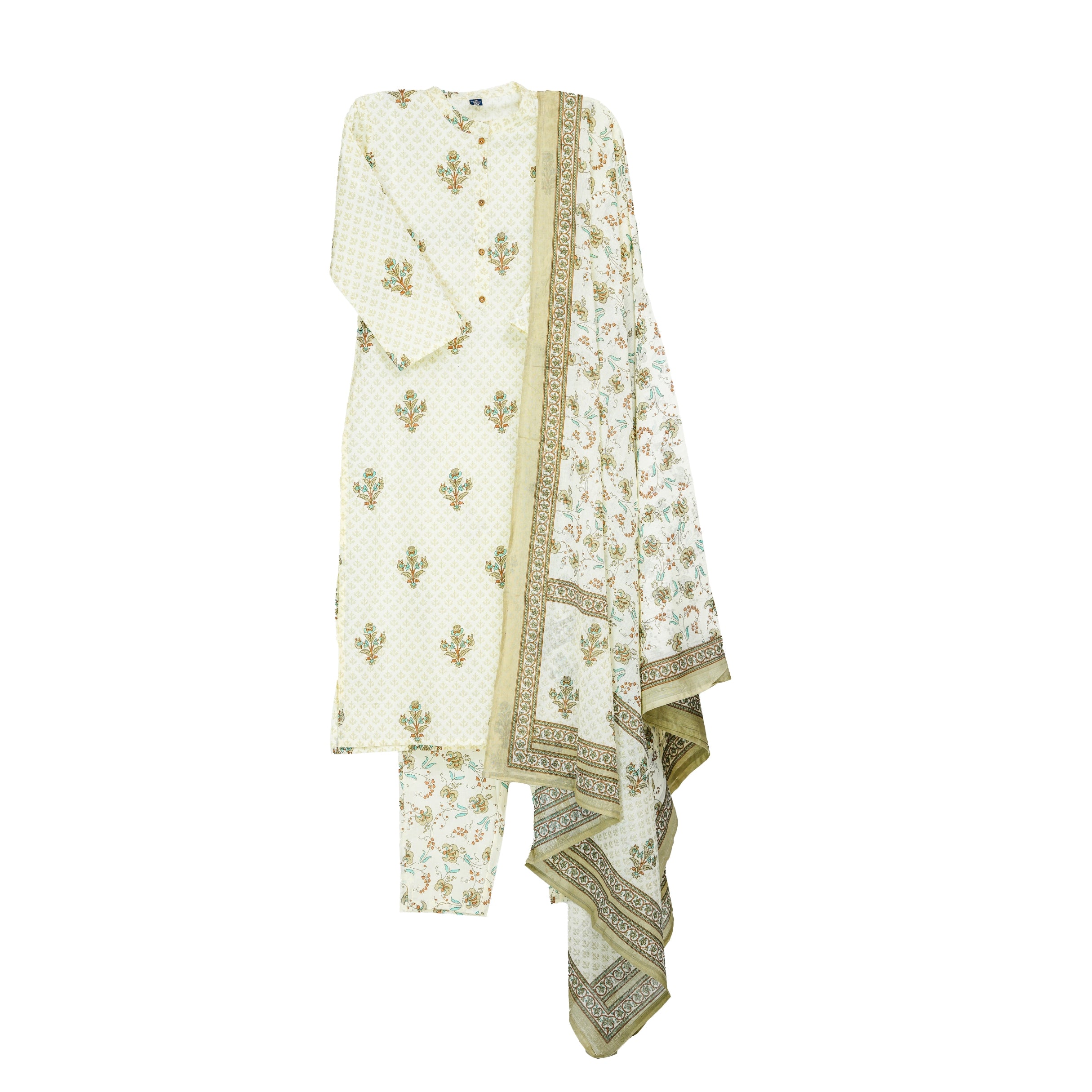 Off-White with Muted Green Handblock Floral Print A-Line Kurta with Cotton Dupatta