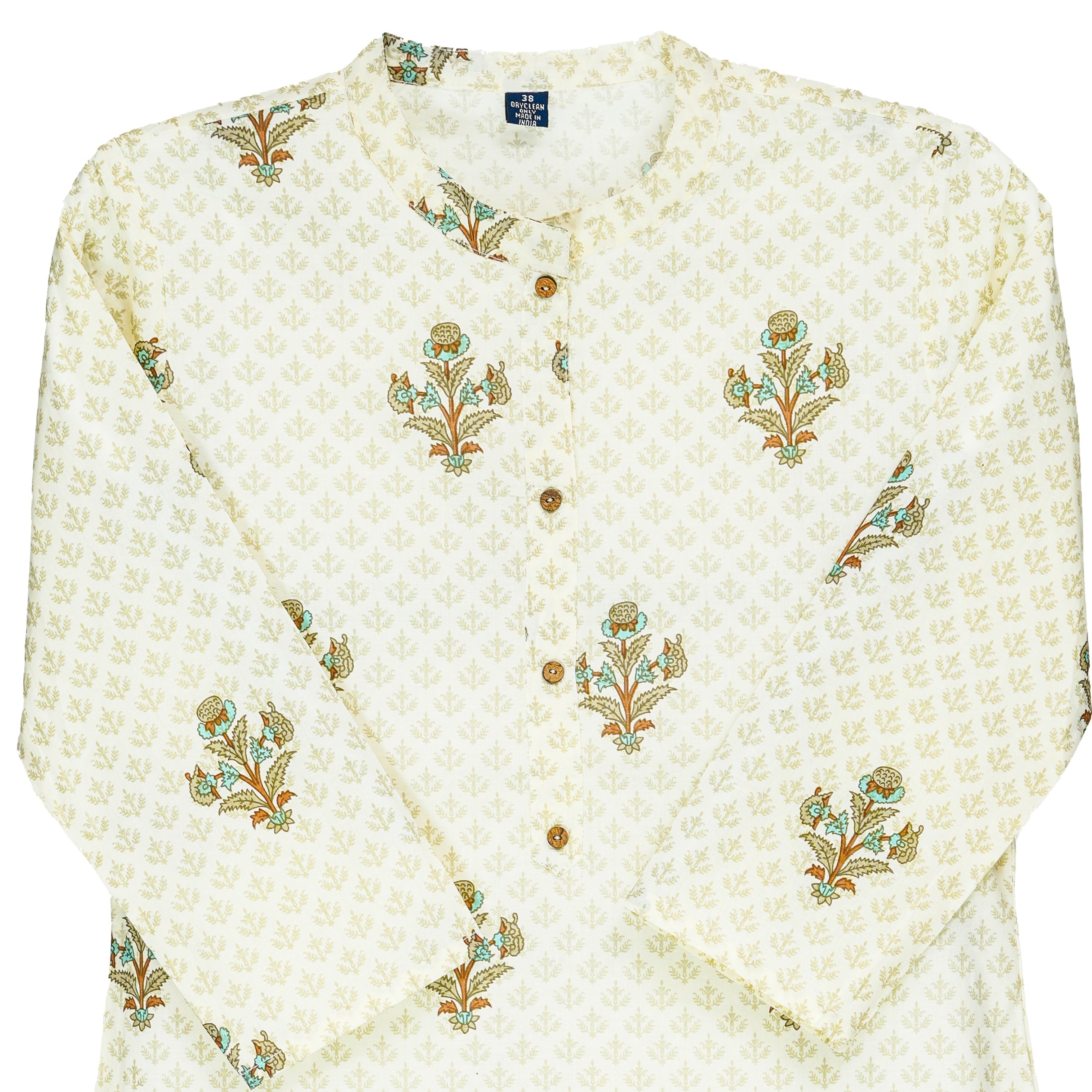 Off-White with Muted Green Handblock Floral Print A-Line Kurta with Cotton Dupatta