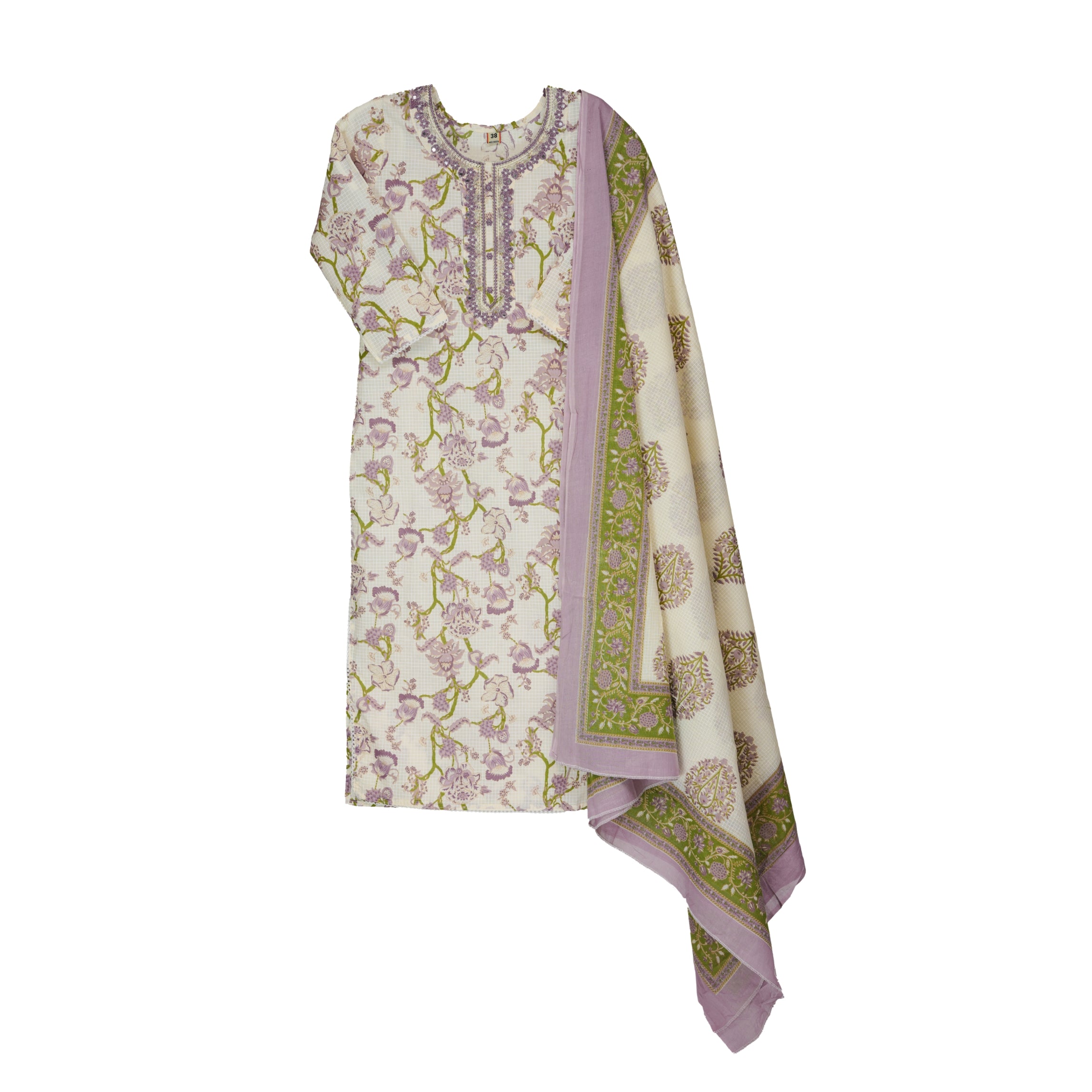 Off-White with Green Floral Check Pattern Straight Suit Set with Cotton Dupatta