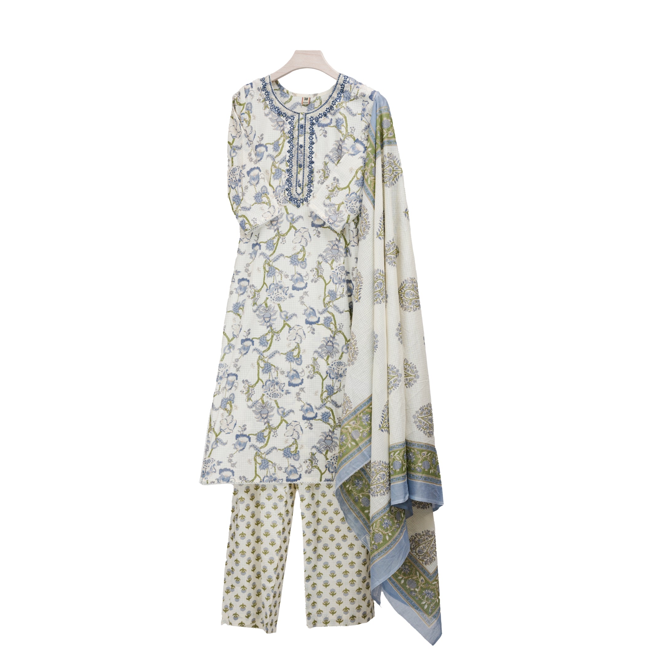 Off-White with Pastel Blue Floral Check Pattern Straight Suit Set with Cotton Dupatta
